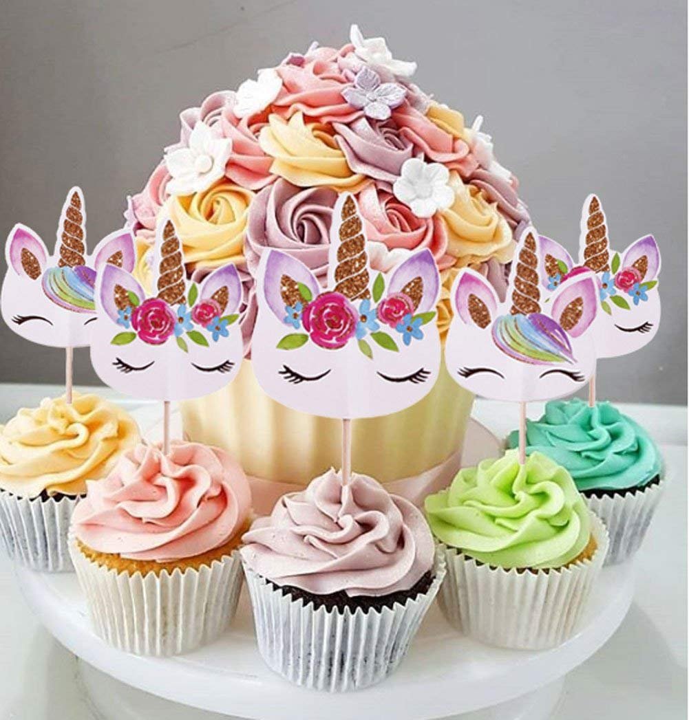Unicorn Cake Topper With Eyelashes And 24 Pieces Double Sided Unicorn Cupcake Toppers Set For Birthday Party Supplies, Wedding,