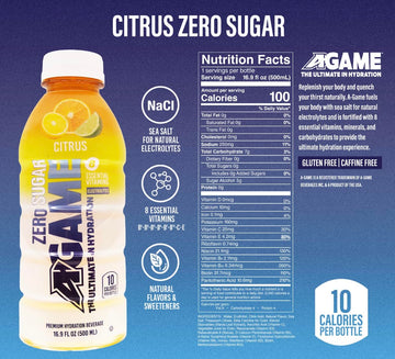 A-Game Zero Sugar Sports Drink, Citrus Zero, The Ultimate Sugar Free Hydration Sports Beverage, 8 Essential Vitamins Including B