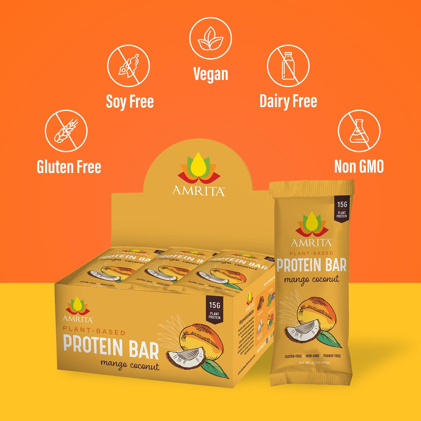Amrita Mango Coconut Vegan Protein Bars, 15g Plant-Based Protein, Gluten-Free, 12 Count (Pack of 3)