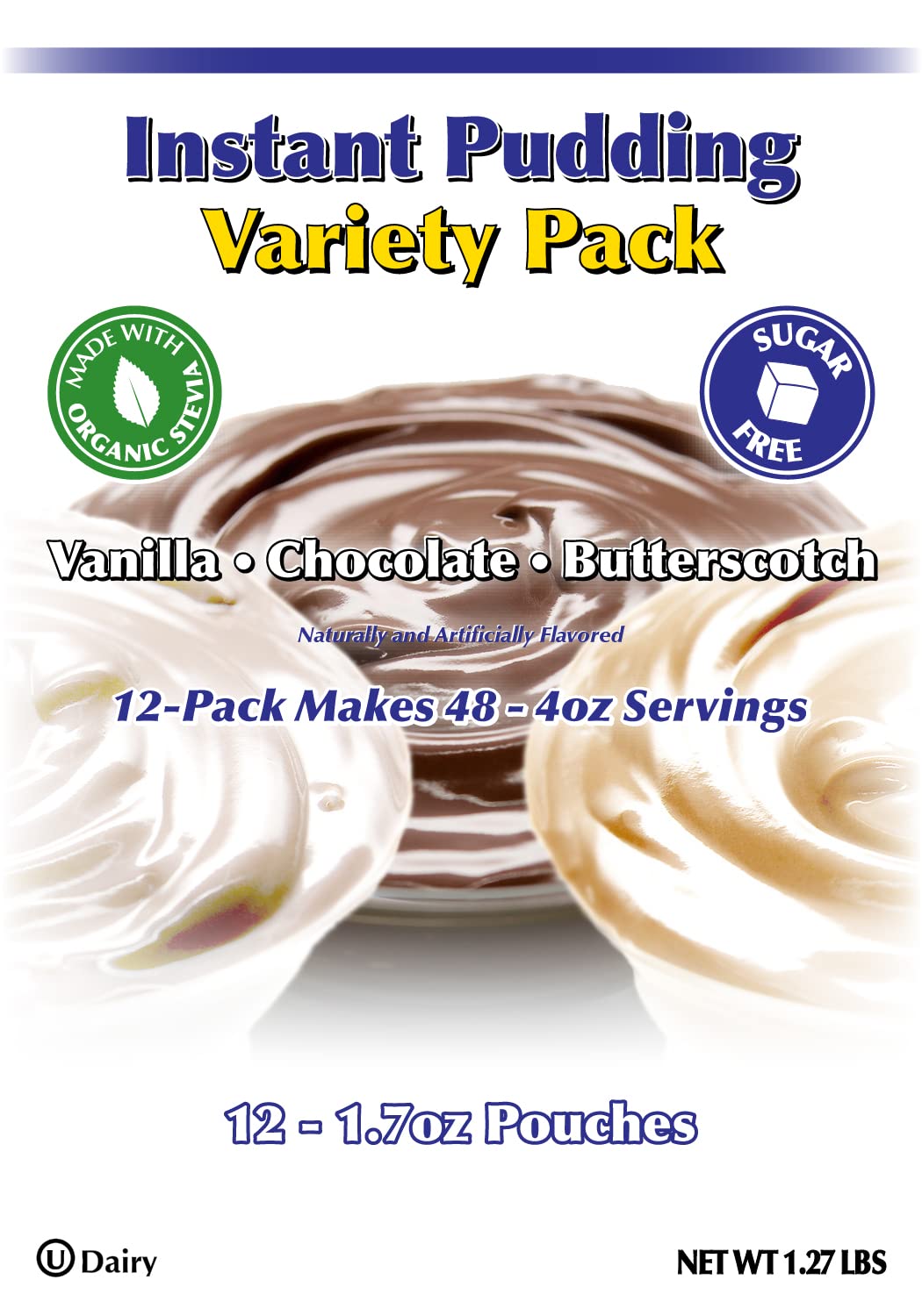GramZero Sugar Free Pudding Mix Variety Pack - Vanilla, Chocolate, Butterscotch, 12 x 1.7 oz, Low Calorie, Stevia Sweetened