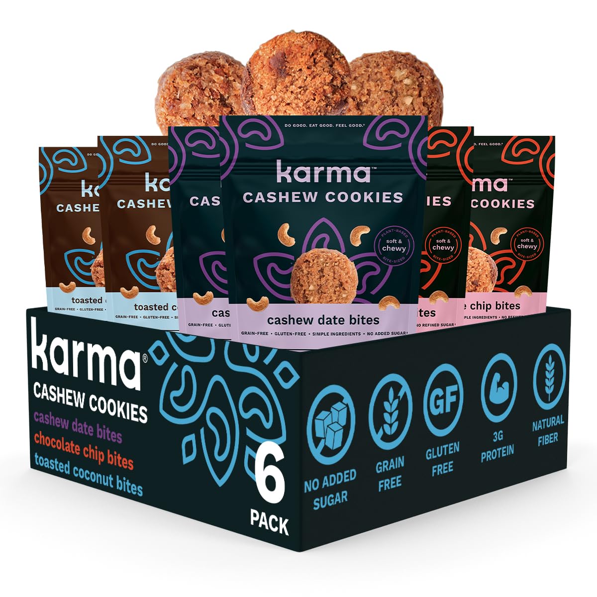 Karma Nuts Cashew Cookie Bites Variety Pack (3 Oz, Pack Of 6) - Gluten-Free Cookies, Non-Gmo Flavored Cashews Cookie, Soft & Che