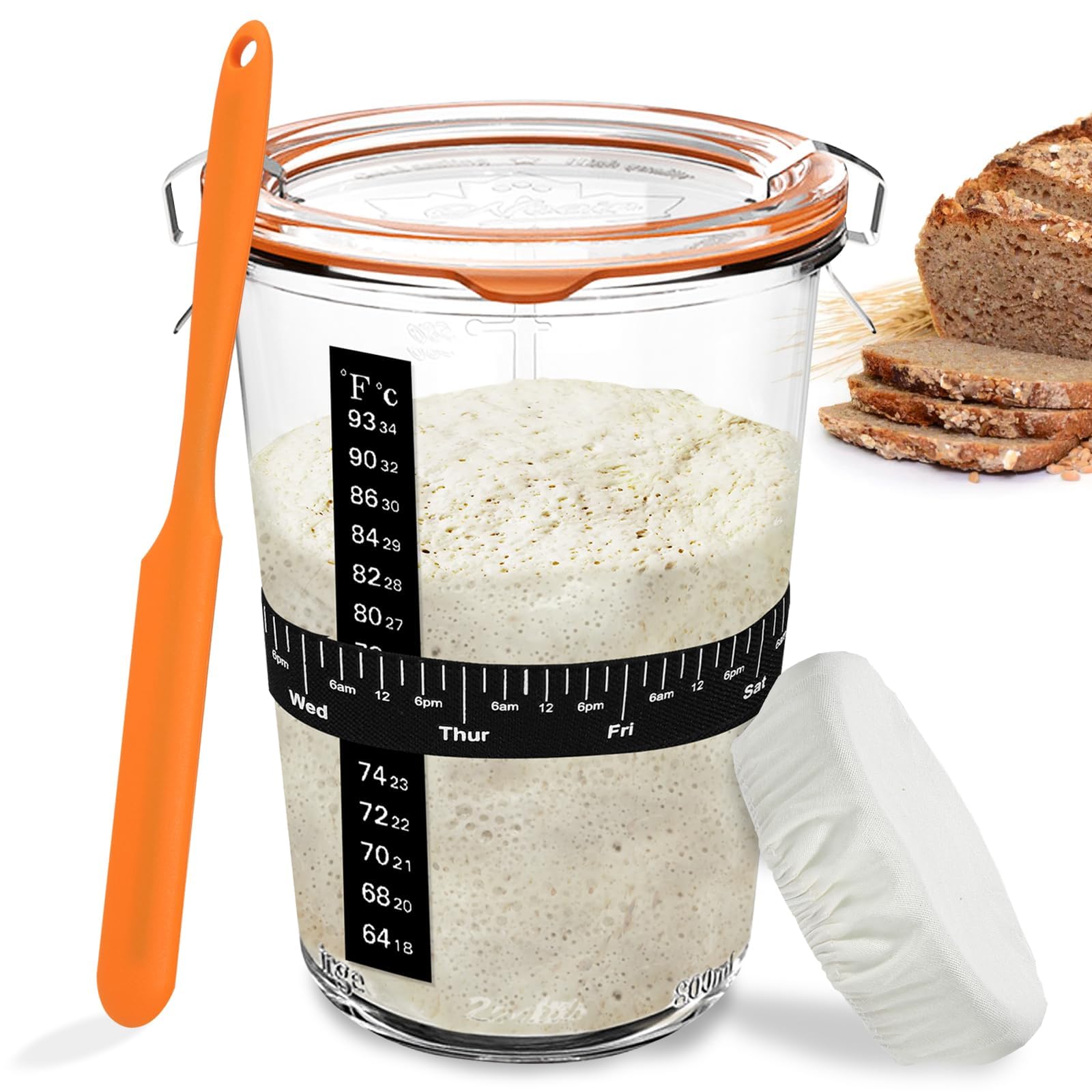 Polyhnia Sourdough Starter Jar, Wide Mouth Glass Kit For Easy Fermentation, Reusable 27 Oz Bread Baking Supplies For Bakery Lovers