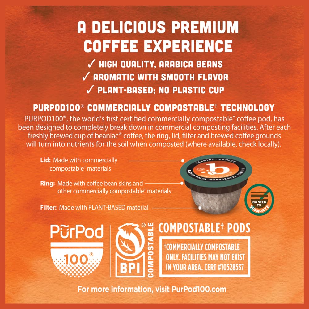 beaniac Flavor Freak Madagascar Vanilla  Flavored Light Roast  Single Serve Compostable K Cup Coffee Pods  Arabica Coffee with Natural Flavors  Keurig Brewer Compatible  30 Count