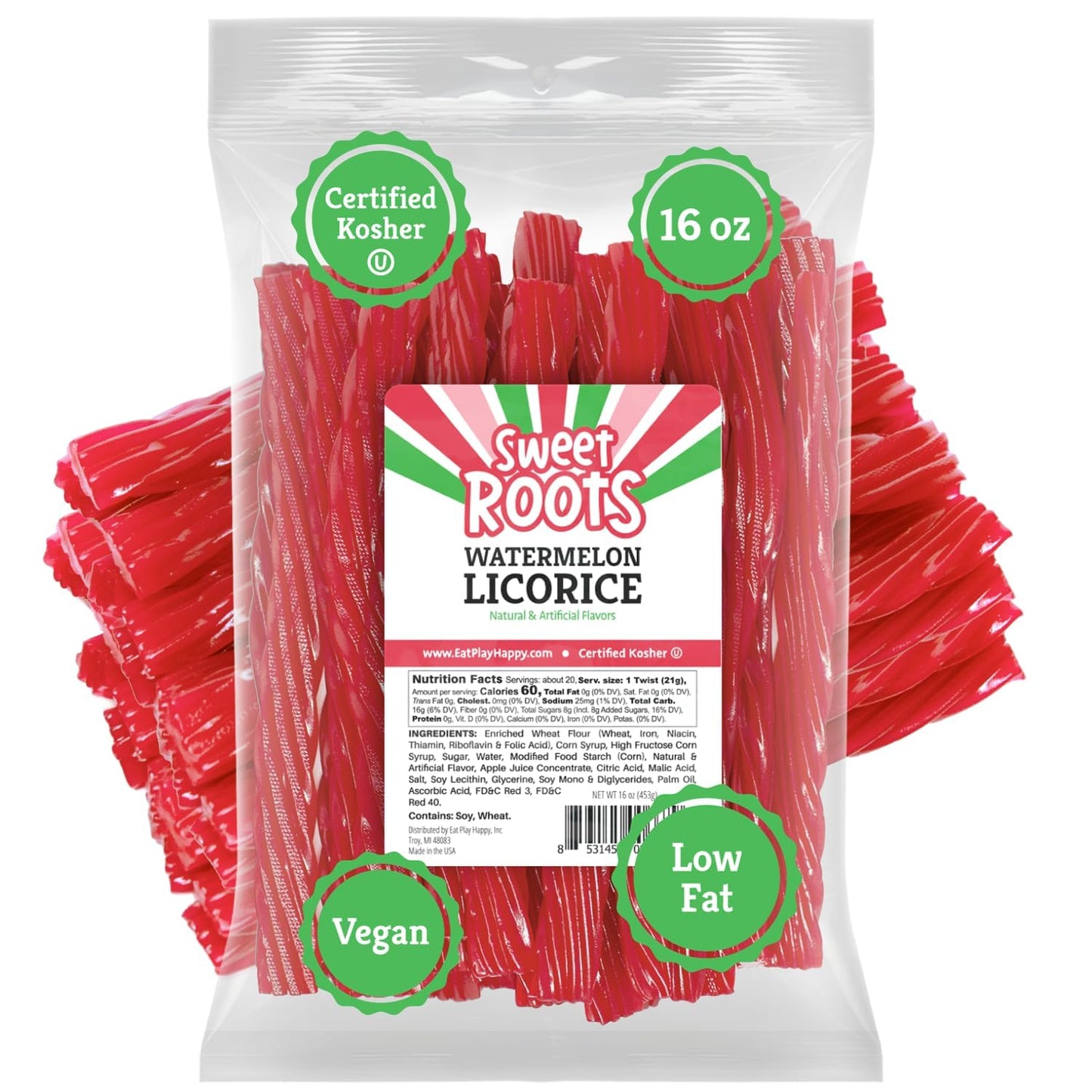 Sweet Roots Watermelon Licorice Twists - 1 Bag (16 oz) - Jumbo Size Licorice Sticks | Made with Real Fruit Juice Concentrate | V