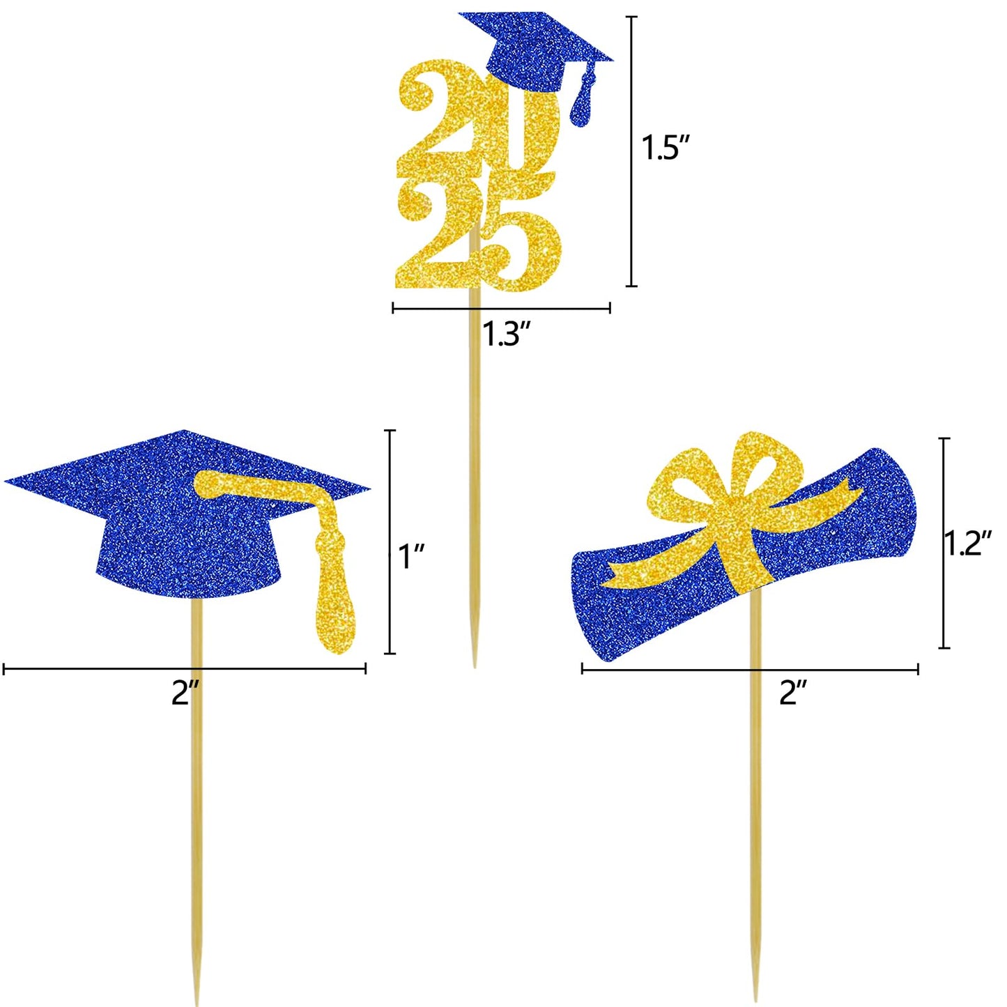 DOMOO OF DREAMS Graduation Cupcake Toppers, Blue Gold, Paper, 2x1.05 inches, 24 PCS, Grad Party Decoration