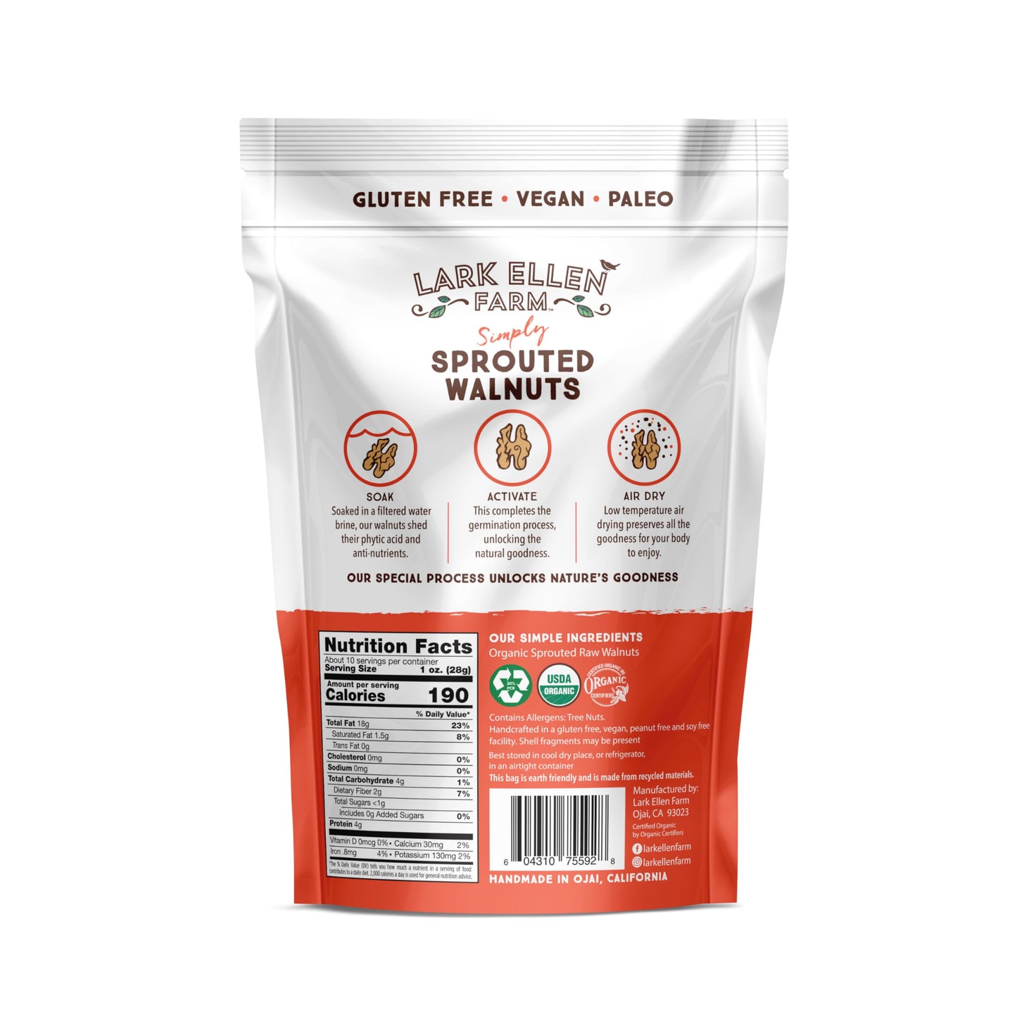 Lark Ellen Farm Unsalted Walnuts, Raw Sprouted Healthy Snack, Keto, Certified Usda Organic, Gluten-Free, Vegan, Individual Whole Nuts (10 Oz, 6 Pack)