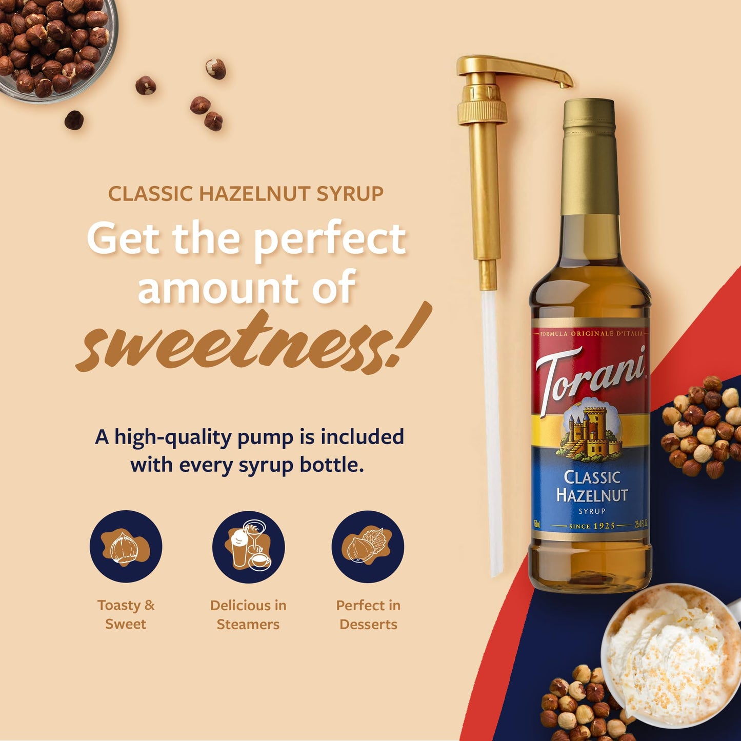 Torani Hazelnut Coffee Syrup For Drinks & Desserts, Pump Included, 25.4 Fl Oz