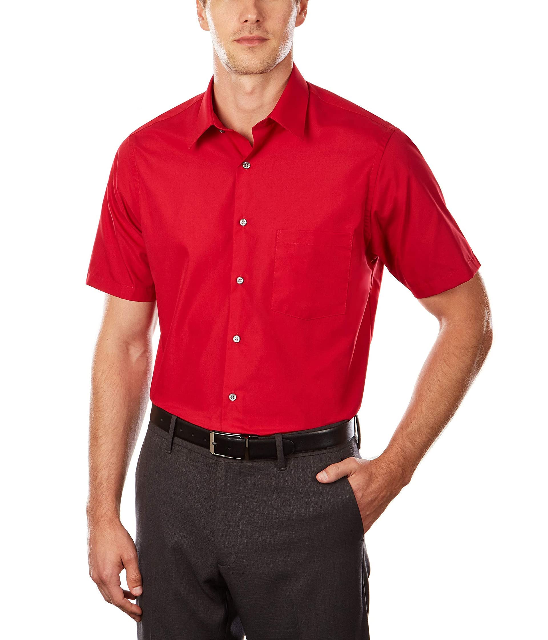 Van Heusen Mens Dress Shirts Short Sleeve Poplin Solid, Flame, 145 Neck