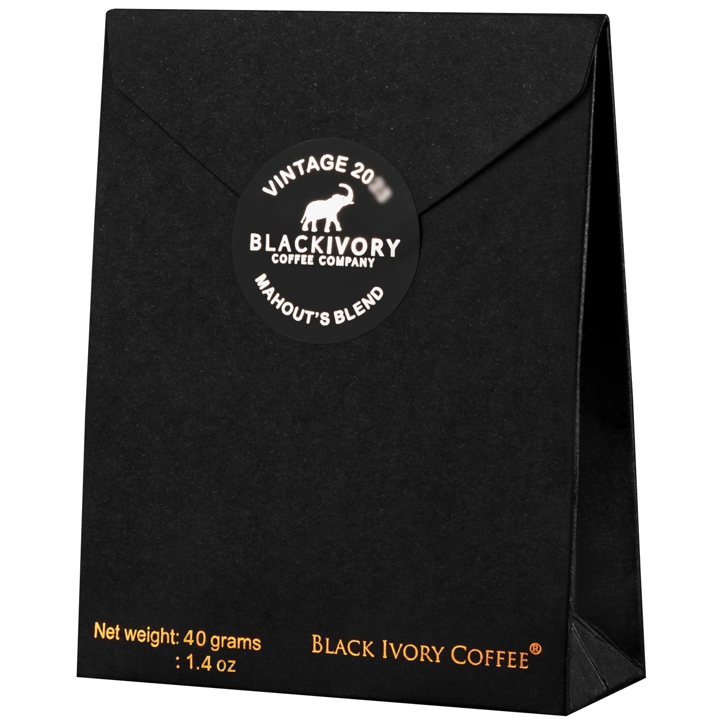 Black Ivory Coffee Mahouts Blend - Luxury Medium Roast Arabica Coffee, 1.23 Ounce, Brown Beans, Black Packaging