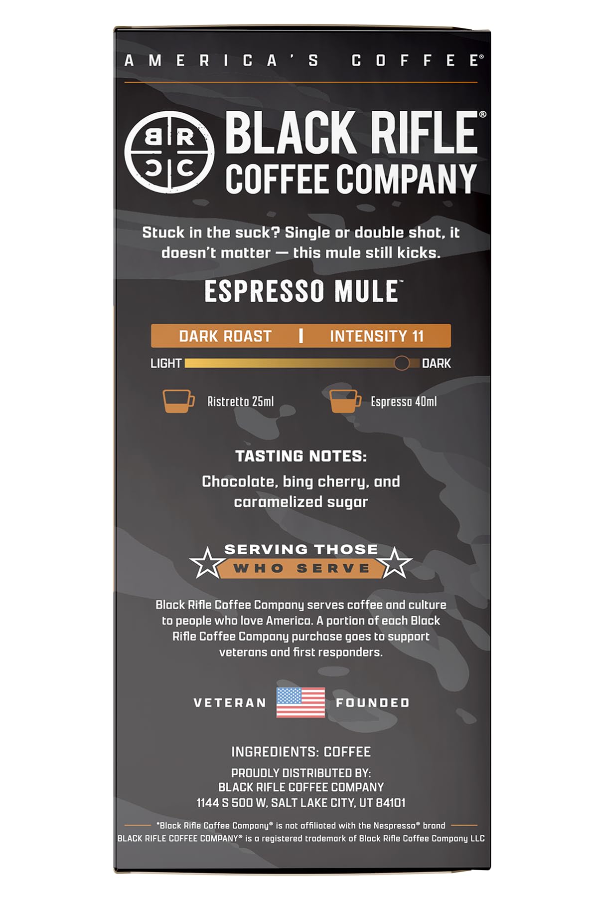 Black  Coffee Company 30 Espresso Mule Capsules - Dark Roast Espresso  Chocolate  Bing Cherry & Caramelized Sugar  Nespresso OriginalLine Compatible