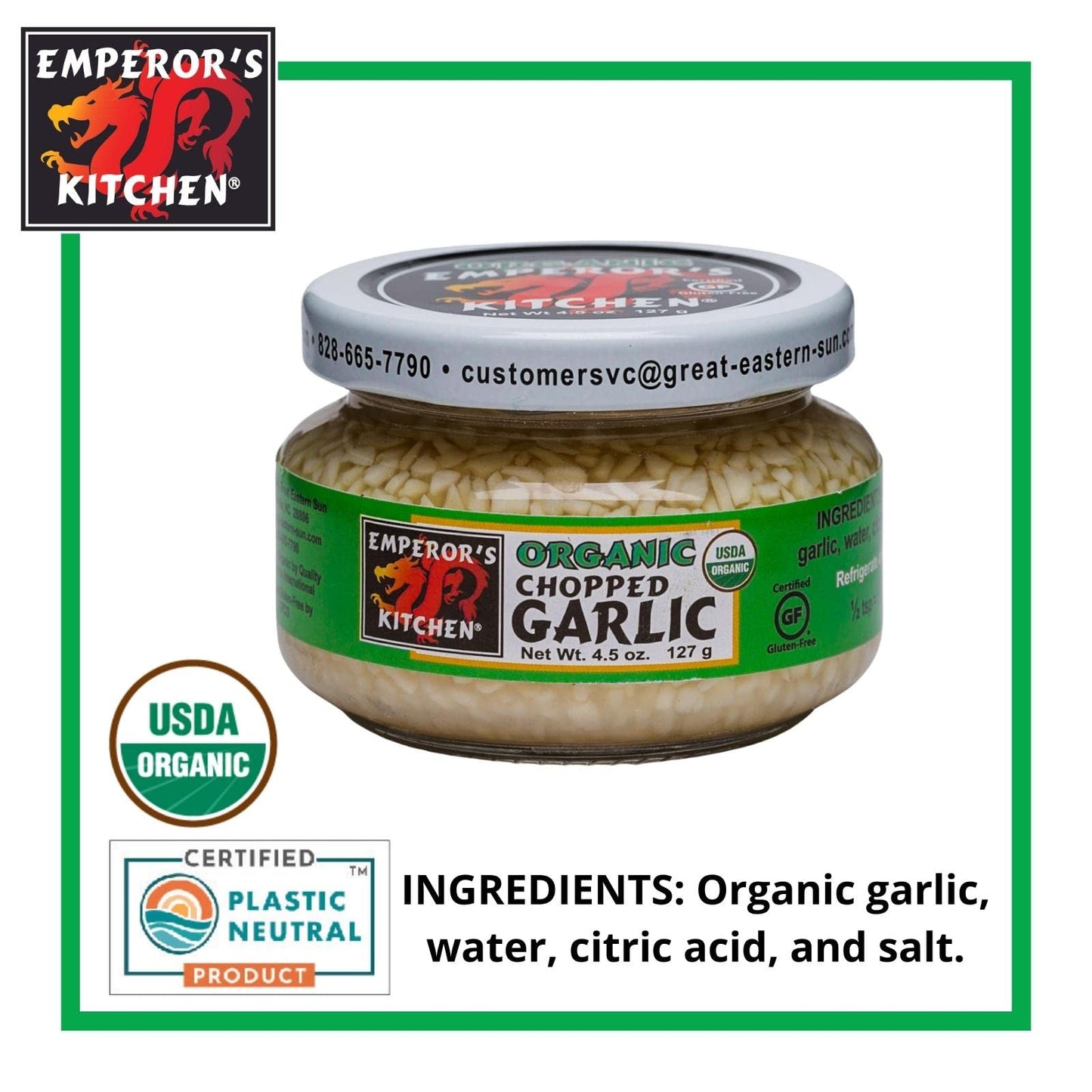 Emperor's Kitchen Organic Chopped Garlic, USDA Certified Organic, Vegan, Ready-to-Use, 4.5 oz Jar