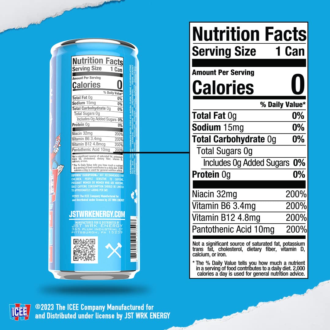 JST WRK Energy Drink - Sugar Free, Zero Calories, 200mg Caffeine - 12-Pack, 12 Fl Oz, ICEE Blue Raspberry