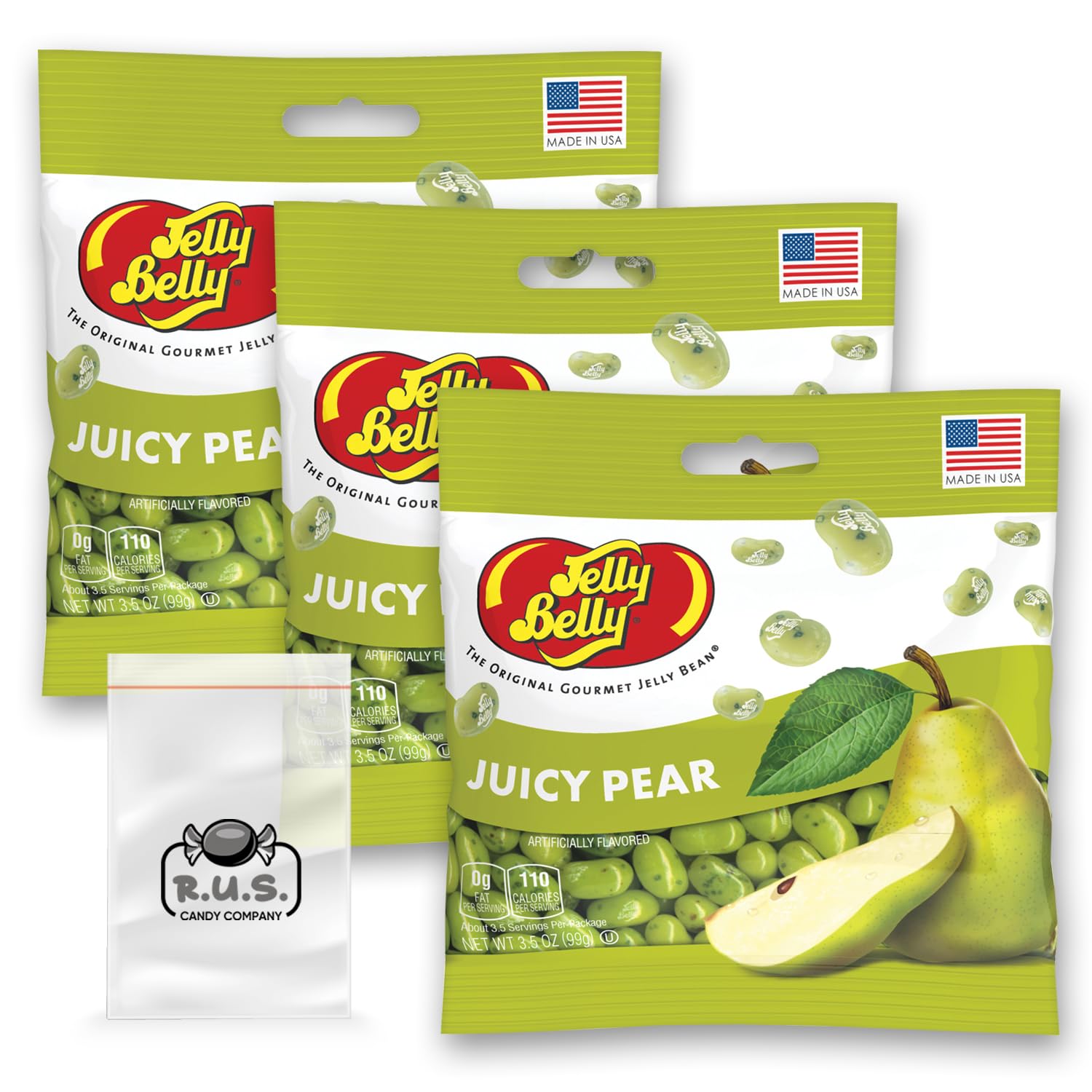 Juicy Pear Flavored Jelly Beans- 3 Pack Of 3.5 Oz Bags- Bundle Includes Travel Size Bag From R.U.S Candy Company