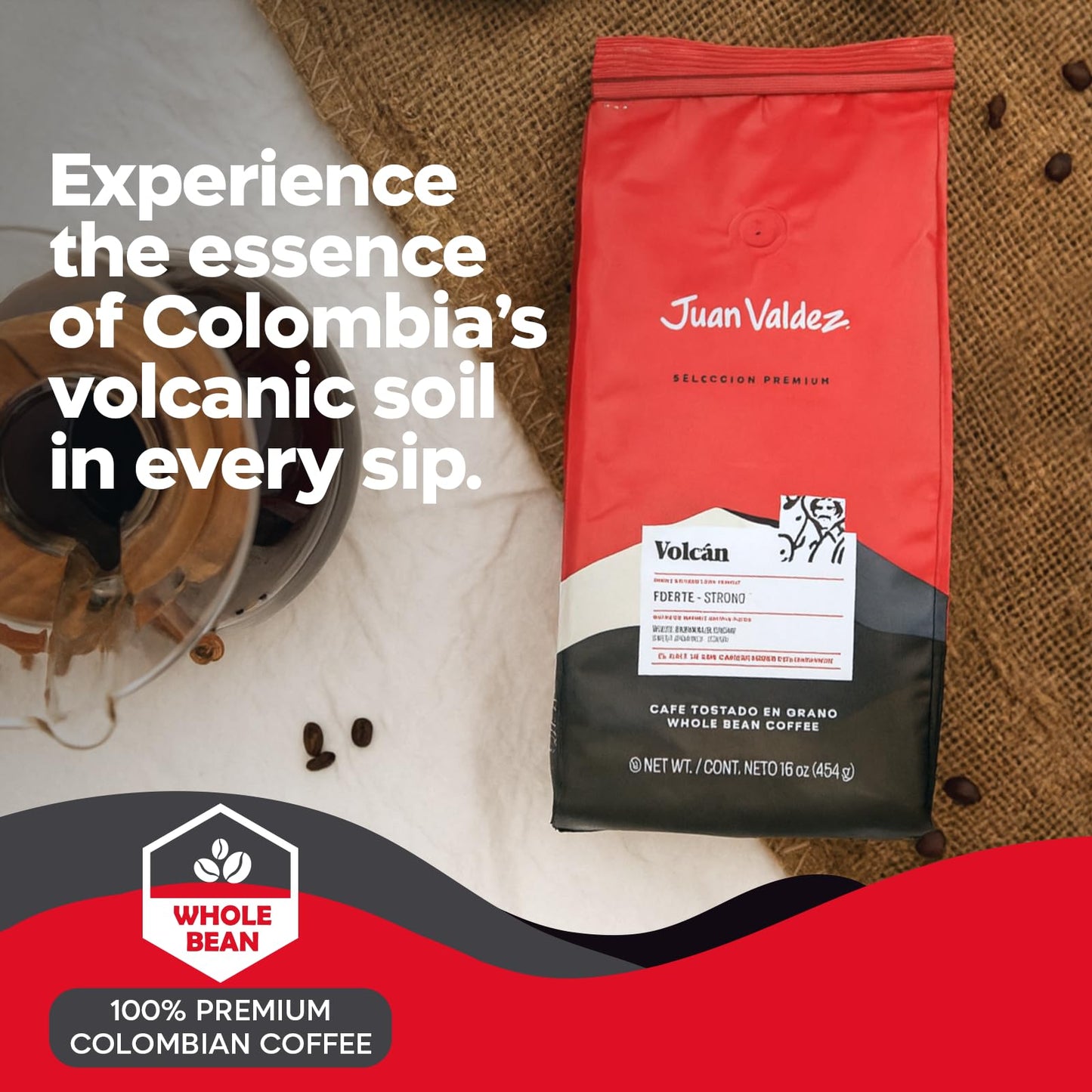 Juan Valdez Volcan Whole Bean Coffee - Dark Roast | 100% Colombian Arabica Beans | 100% Colombian Coffee with Low Acidity and Notes Of Sweet Caramel & Cocoa | 16 oz / 454 gr