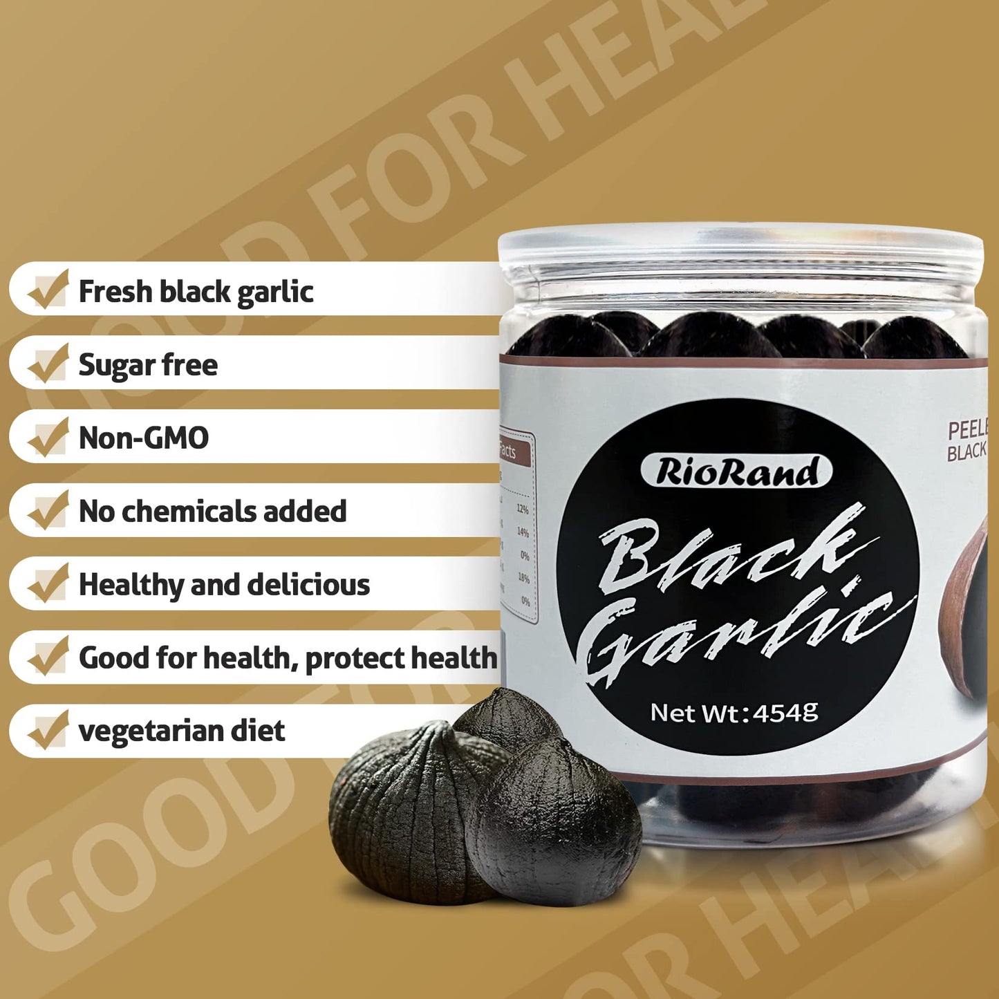 RioRand Black Garlic 454g / 1 Pound Whole Peeled Black Garlic Aged for Full 90 Days Black Garlic Jar Equal to 2lbs of Whole Blac