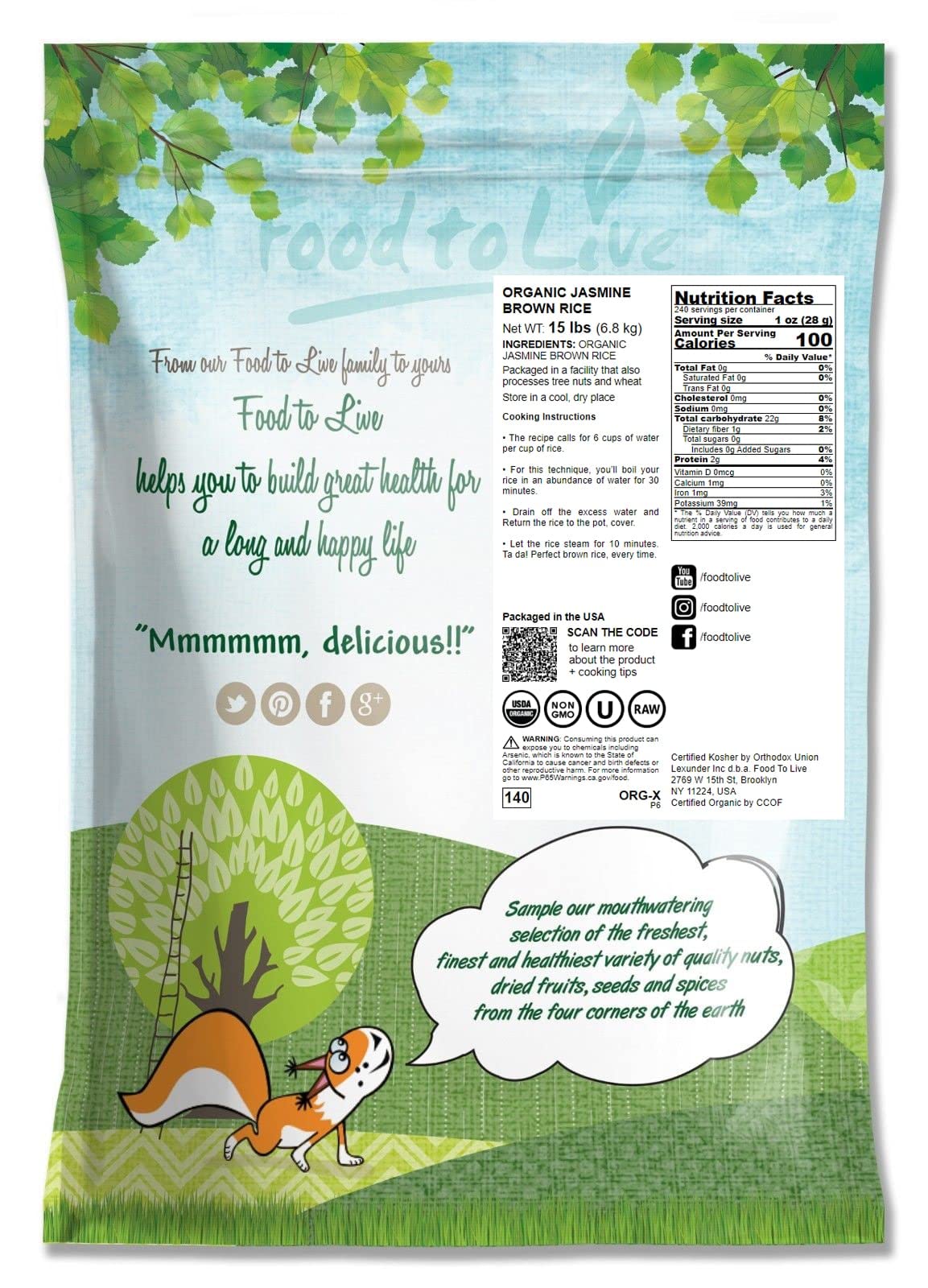 Food To Live Organic Brown Jasmine Rice, 15 Pounds - Non-Gmo, Whole-Grain Rice, Long-Grain Variety, Non-Irradiated, Kosher, Vega