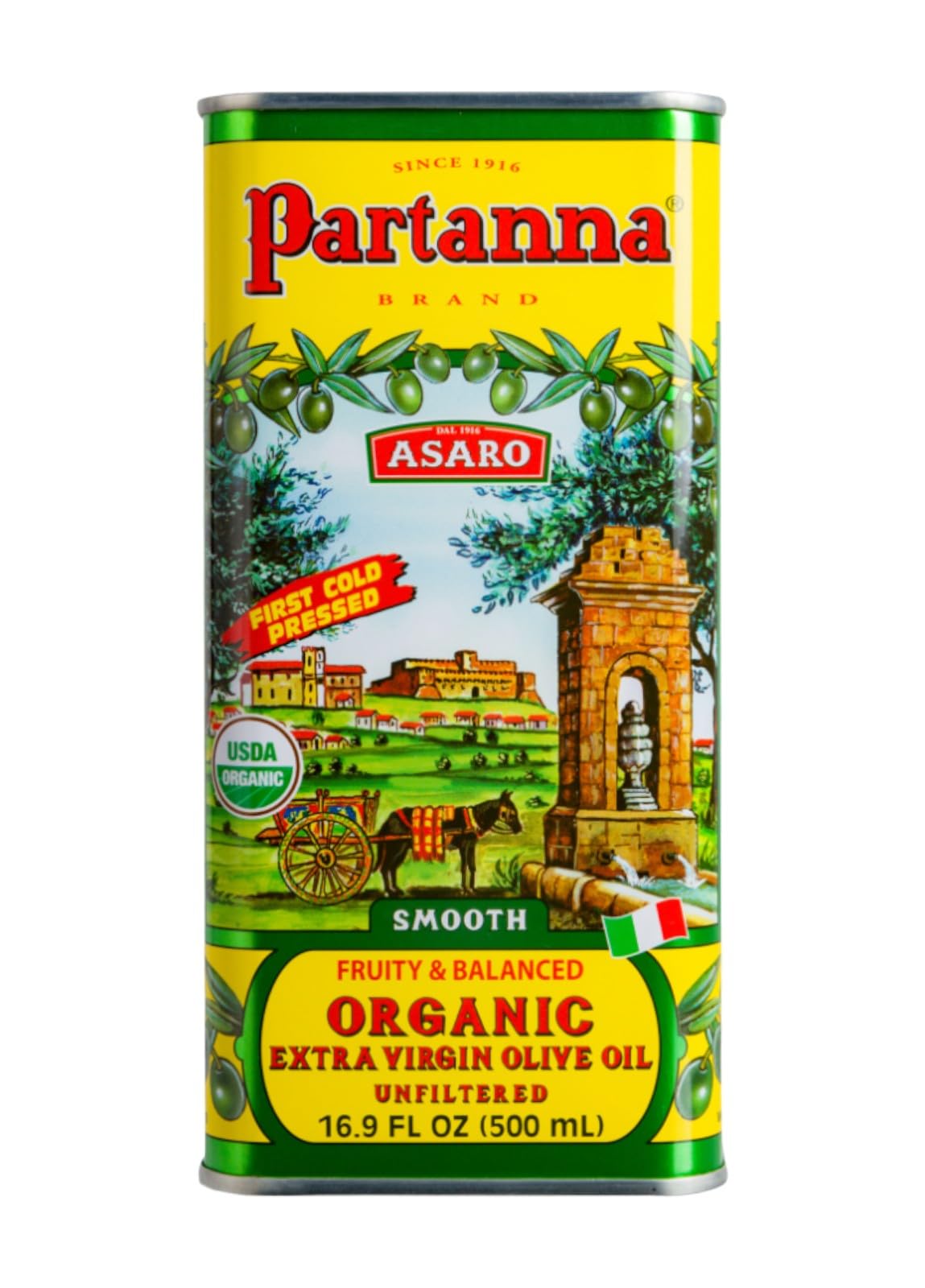 Partanna Organic Unfiltered Extra Virgin Olive Oil - Castelvetrano - 16.9 oz Tin - Authentic Italian Monovarietal