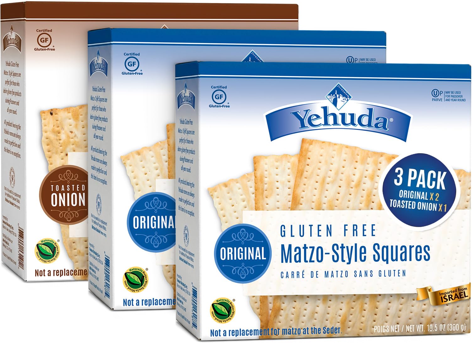 Yehuda Gluten Free Matzo Variety Pack (3 Pack) | 2 Original, 1 Toasted Onion | Product of Israel | Kosher for Passover