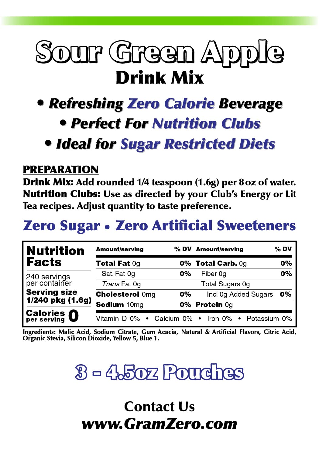 Gramzero Sour Green Apple Zero Calorie Sugar Free Drink Mix, Great For Nutrition Club Loaded Tea, Stevia Sweetened