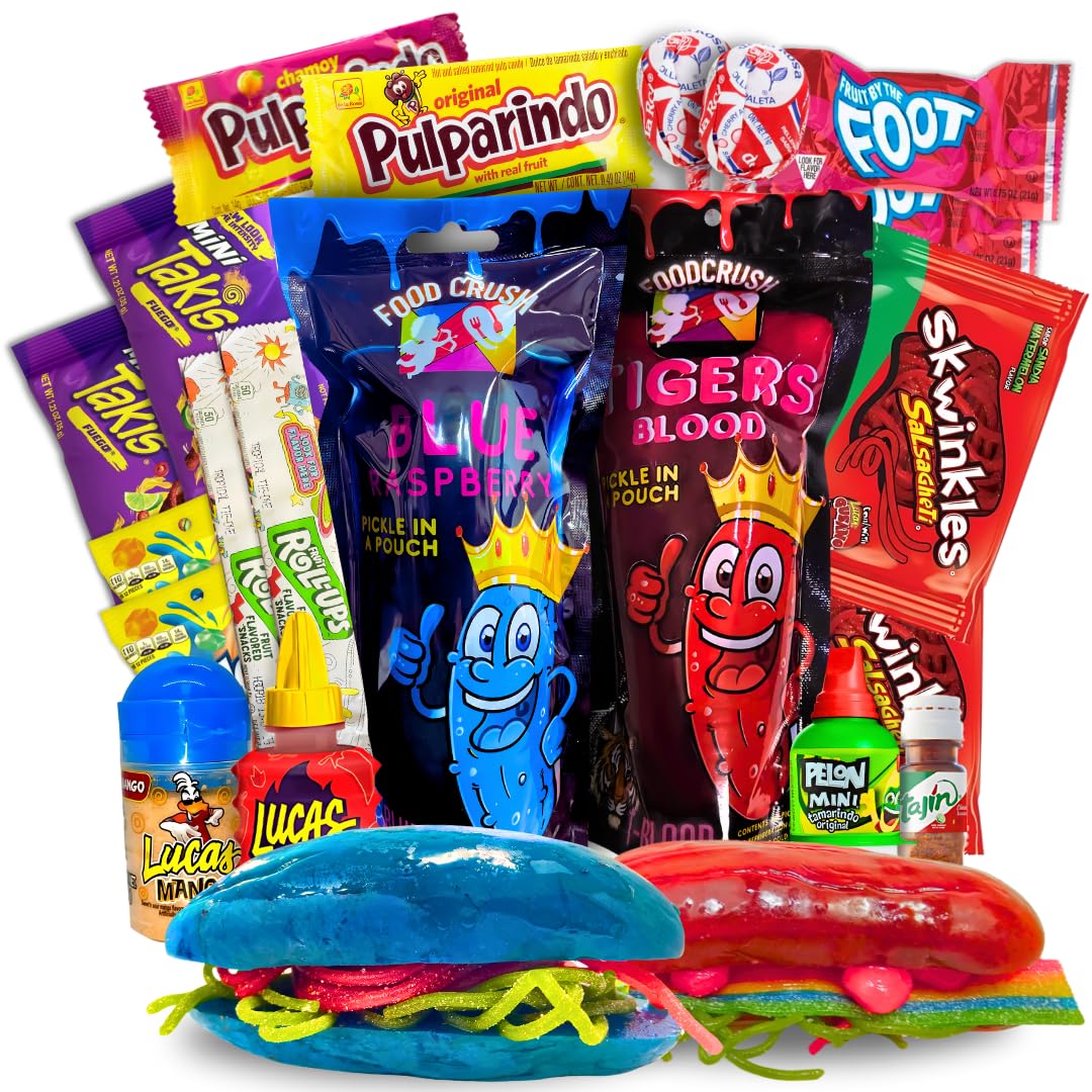 Tigers Blood Pickle Kit With Blue Raspberry Pickle with Takis, Fruit Rollup and Mexican CandySimilar to the chamoy pickle kit fo