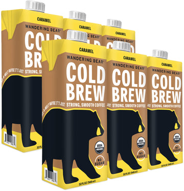 Wandering Bear Organic Caramel Cold Brew Coffee, 32 Fl Oz, 6 Pack - Extra Strong, Smooth, Organic, Unsweetened, Shelf-Stable, An