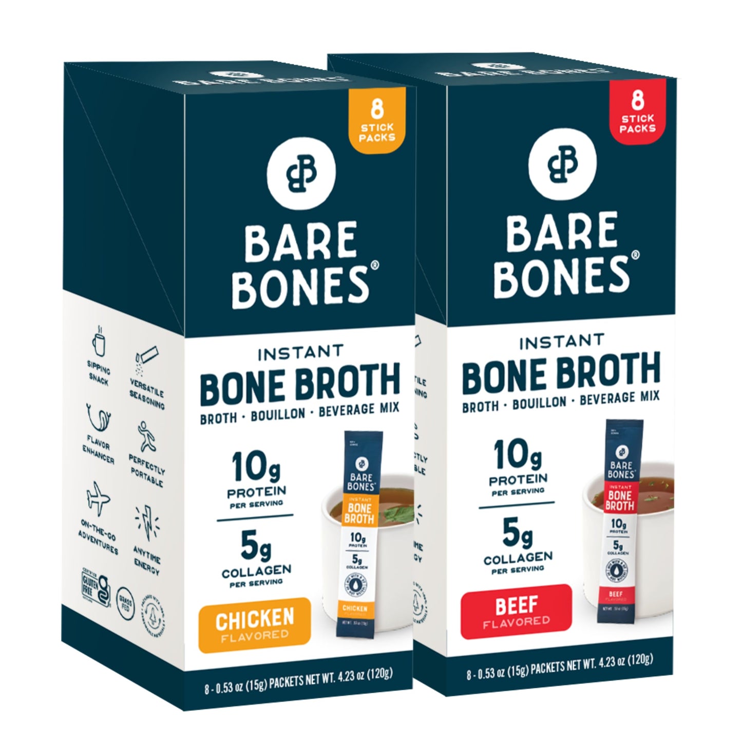 Bare Bones Bone Broth Instant Powdered Mix, Variety Pack, 8 Chicken and 8 Beef, 15g Sticks, 10g Protein, Keto & Paleo Friendly B