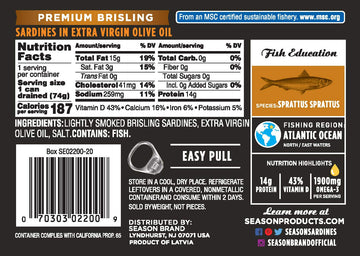 Season Brisling Sardines In Extra Virgin Olive Oil - Wild Caught, 14G Of Protein, Keto Snacks, More Omega 3S Than Tuna, Kosher, High In Calcium, Canned Sardines, Two Layers - 3.37 Oz Tins, 12-Pack