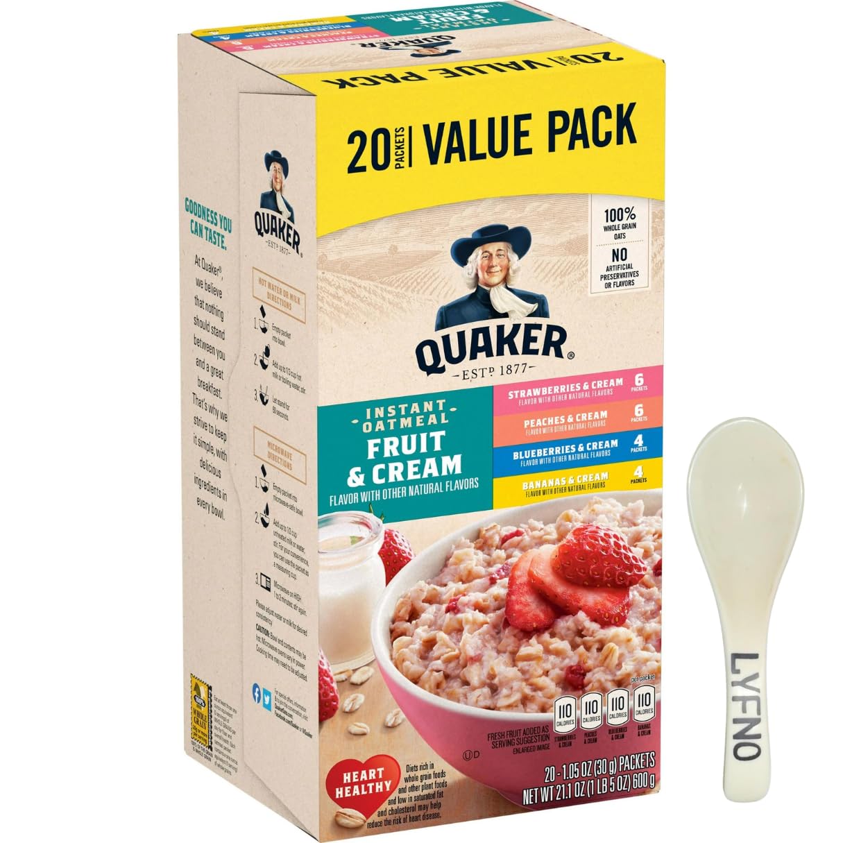 Lyfno Quaker Instant Oatmeal Variety Pack, Blueberry, Strawberry, Banana & Peaches, 21.1 Oz., 20 Pack, Spoon Included