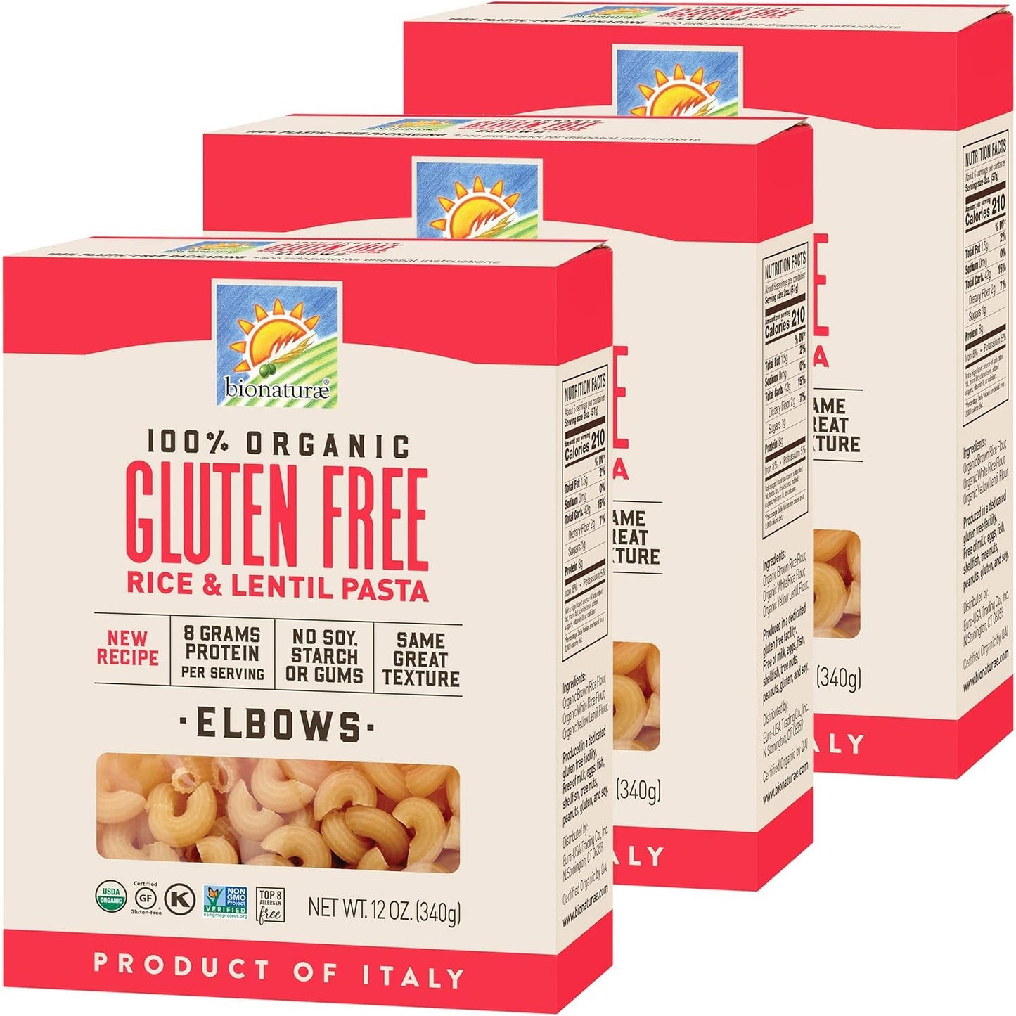 Bionaturae Elbow Pasta Noodles - Gluten Free Pasta Organic, Rice & Lentil Pasta, Kosher Certified, High Protein, Non-Gmo Verifie