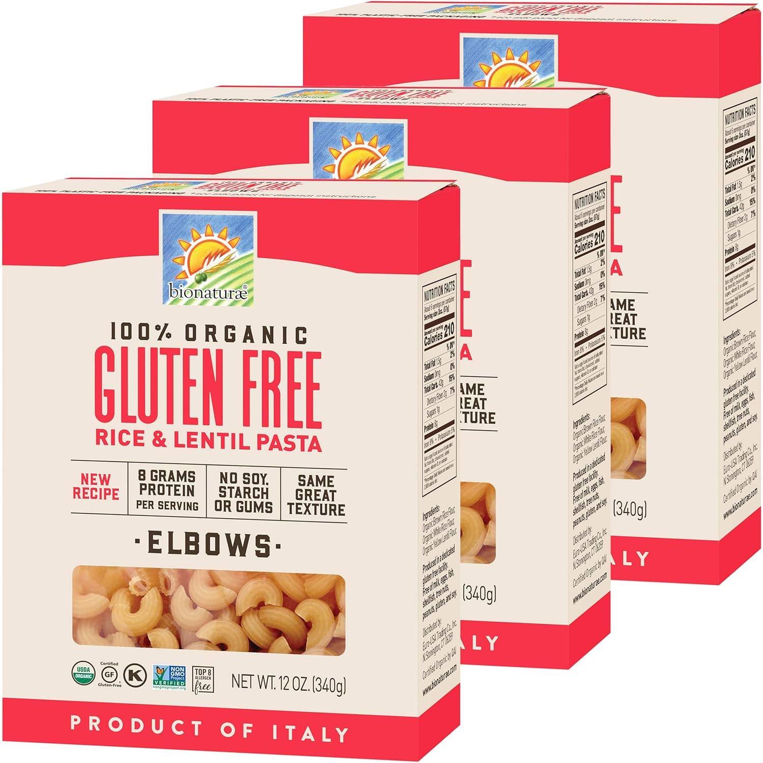 Bionaturae Elbow Pasta Noodles - Gluten Free Pasta Organic, Rice & Lentil Pasta, Kosher Certified, High Protein, Non-Gmo Verifie