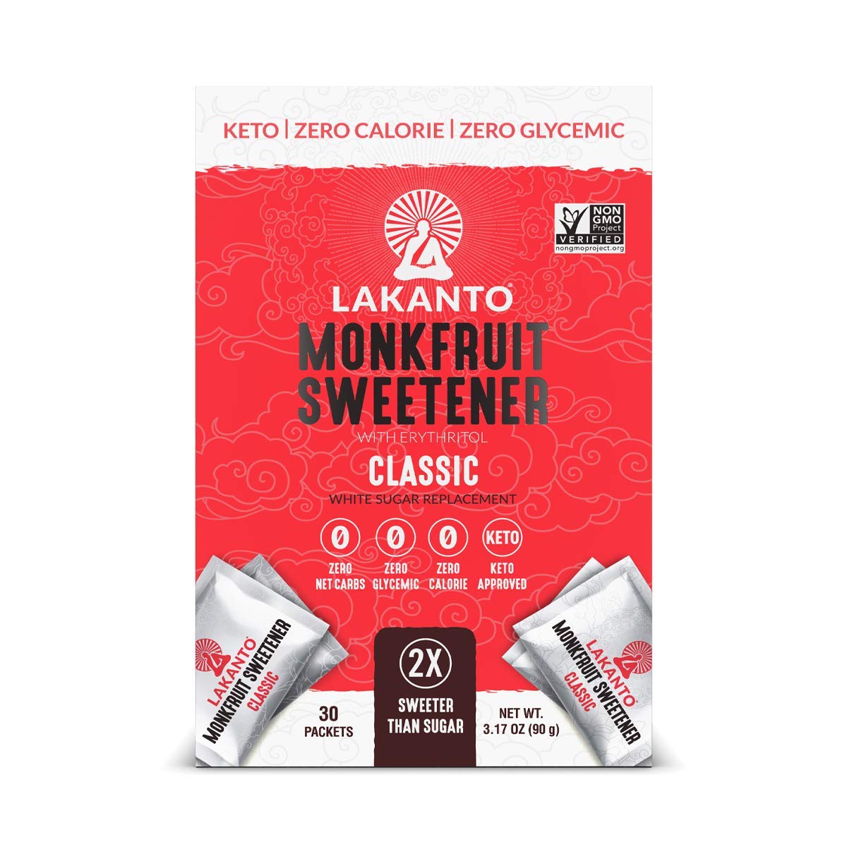 Lakanto Classic Monk Fruit Sweetener Packets - White Sugar Replacement, Zero Net Carbs, Zero Glycemic, Zero Calorie, Sweeten On