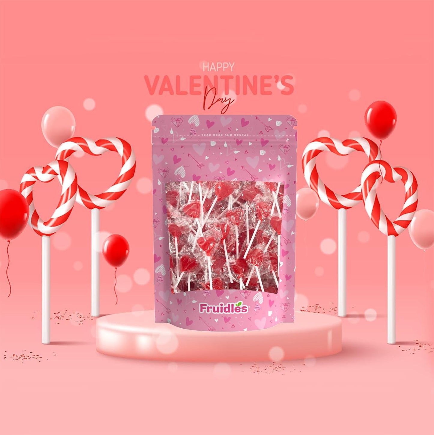 Fruidles Valentine'S Heart Lollipops Candy, Red Heart Shaped Hard Candy Lollipop Suckers, Individually Wrapped, 12G Lollipop (Ha