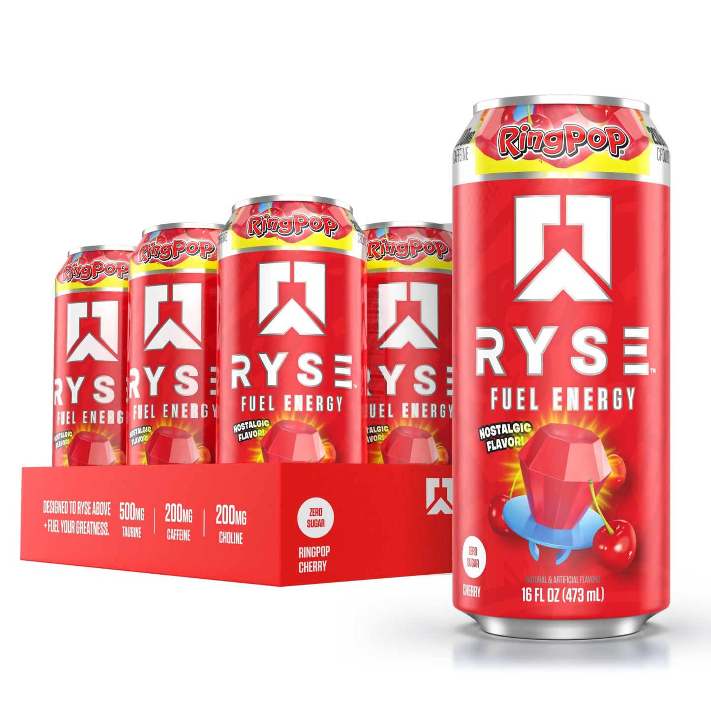RYSE Fuel Energy Drink - Ring Pop Cherry - Sugar Free, Gluten Free, Vegan - 200mg Caffeine - 16 fl oz Cans (12-Pack)