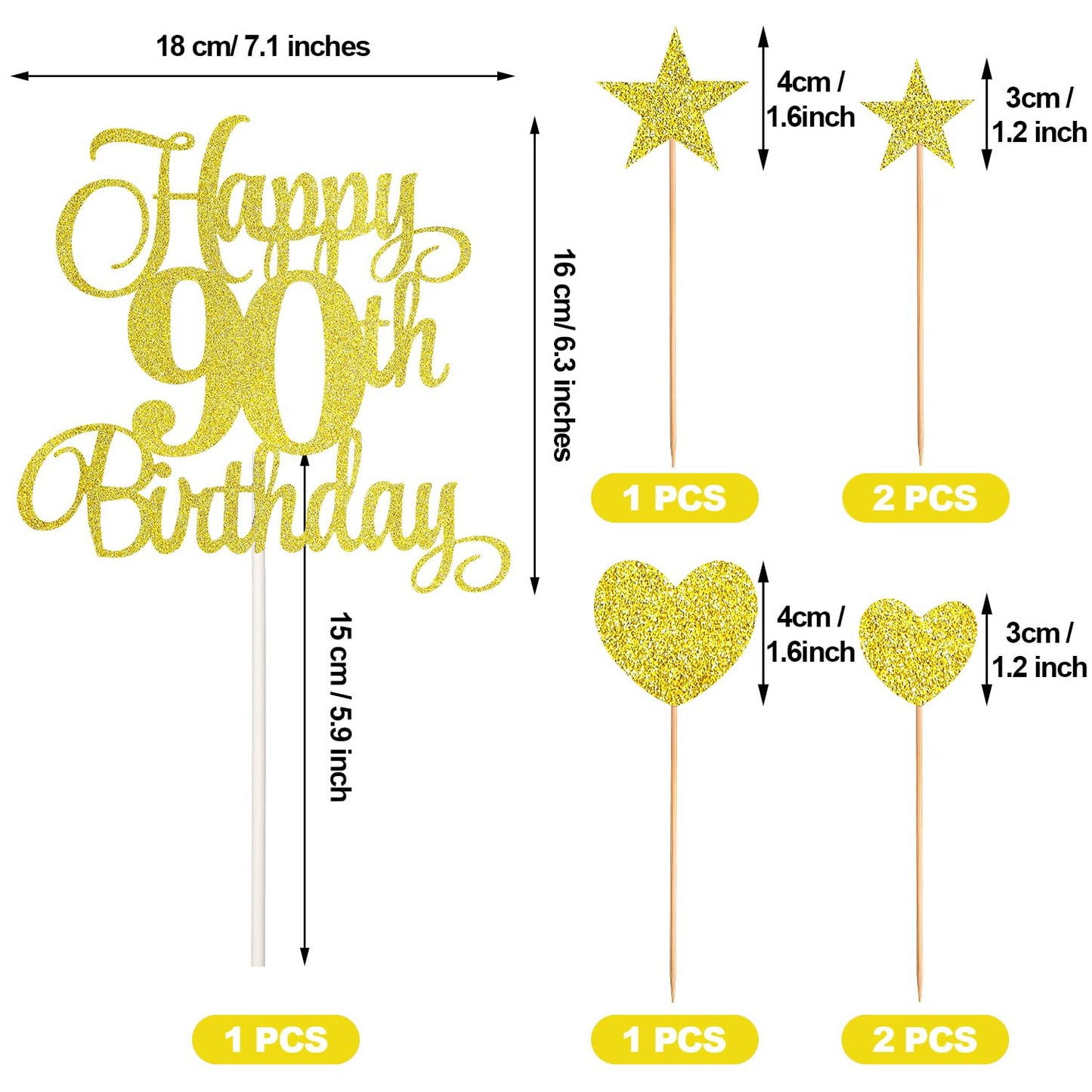 HOGRTi 90th Birthday Cake Decorations Set with Candles, Toppers & Picks, Gold Series