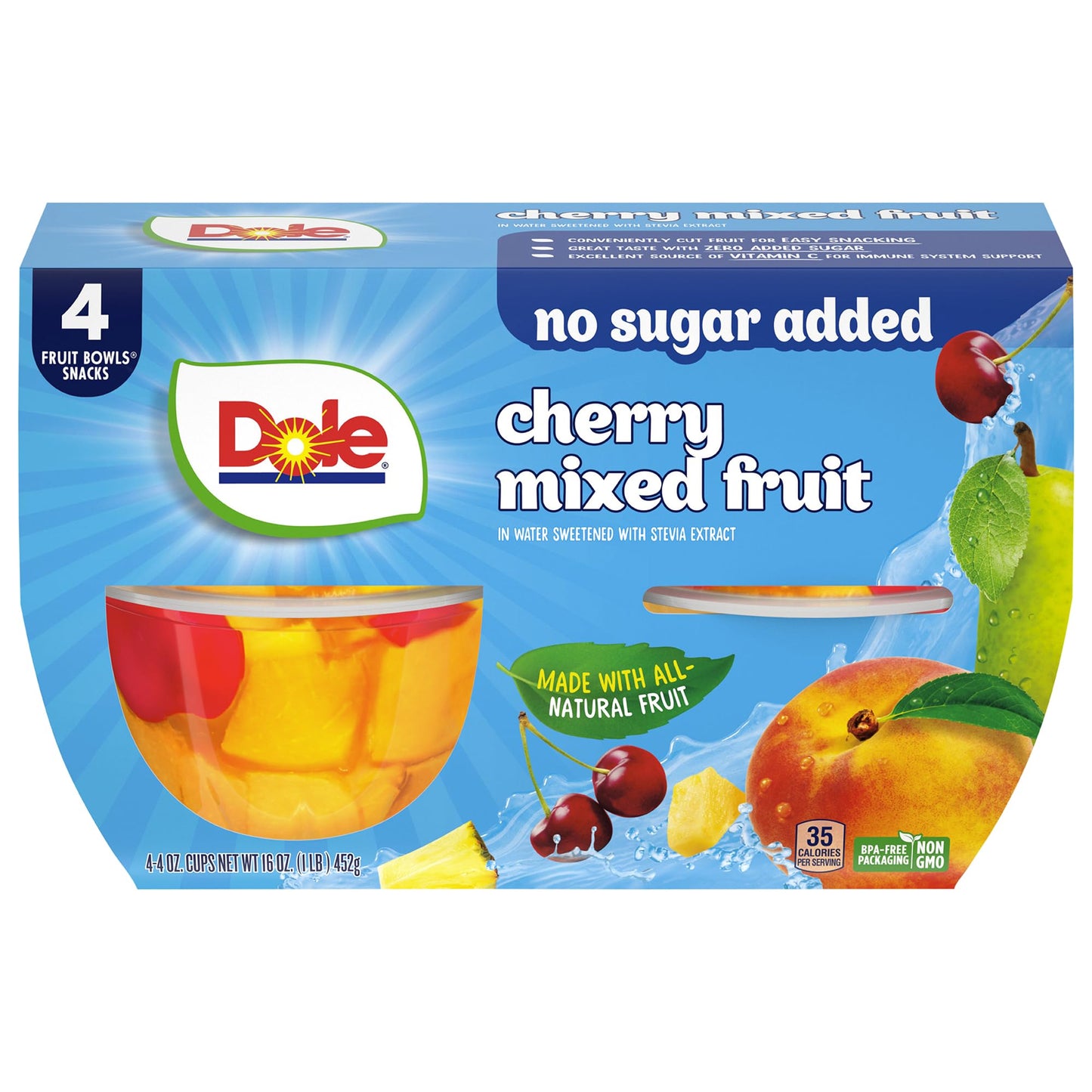 Dole Cherry Mixed Fruit with No Sugar Added^^ - Dole Fruit Bowls Snacks - 4 oz Fruit Bowls - 4 Pack