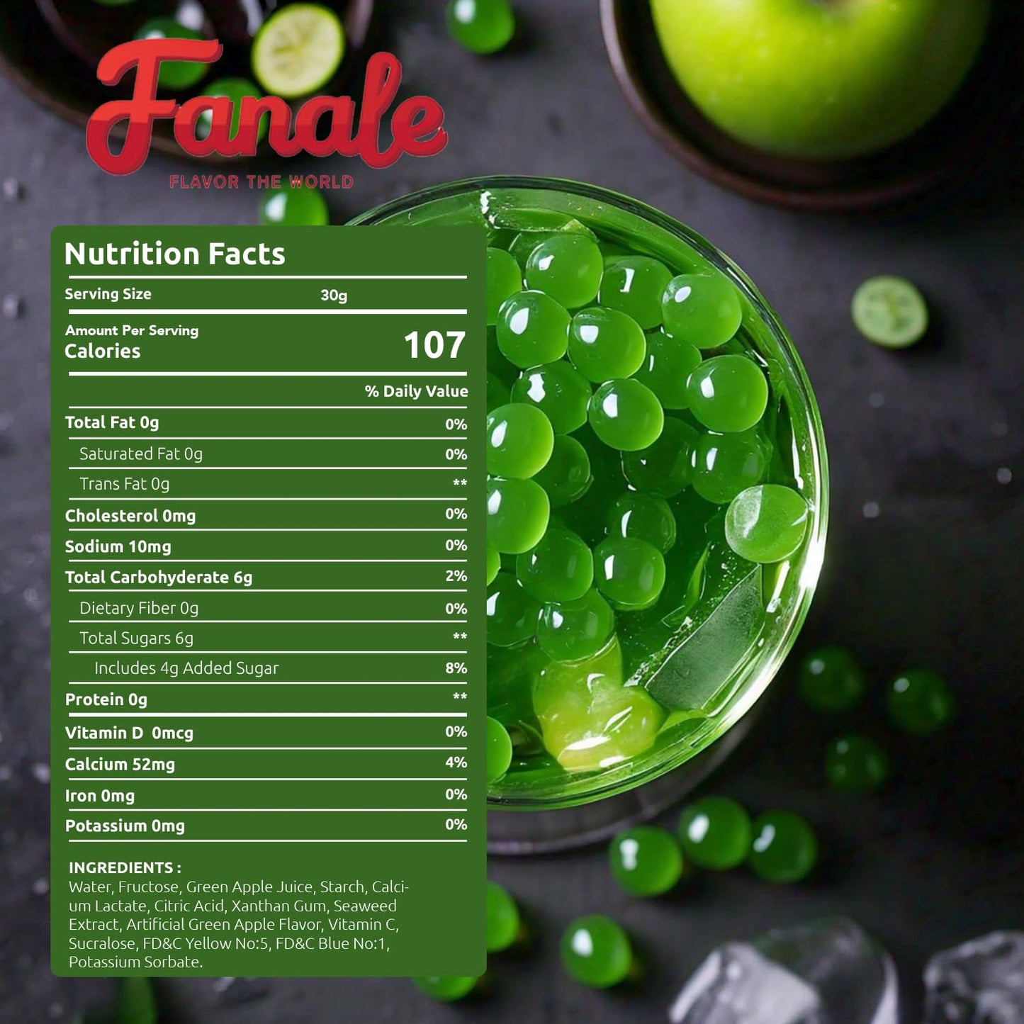 Fanale Green Apple Popping Boba Pearls, Vegan, Non GMO, Gluten Free, Fat Free, Perfect for Bubble Tea, Smoothies, Ice Cream, Des