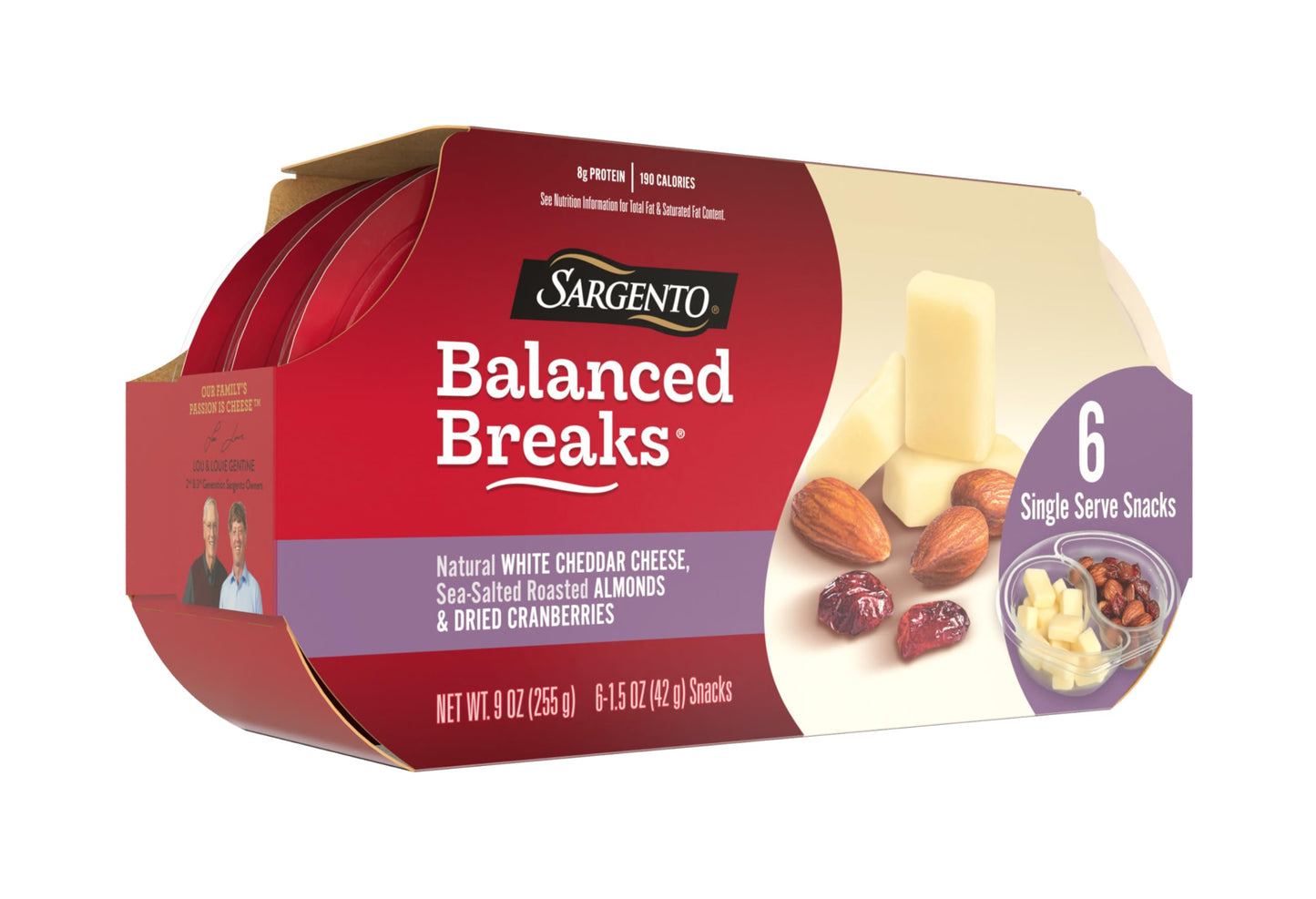 Sargento Balanced Breaks Natural White Cheddar Cheese, Sea-Salted Roasted Almonds, Dried Cranberries Snack Kit, 6-Pack