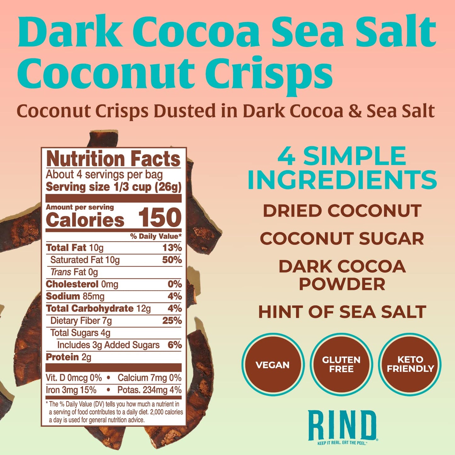 Rind Snacks | Dark Cocoa Sea Salt Coconut Crisps | Dried Fruit Superfood | Snack Chips | All Natural | Low Carbs | High In Fiber