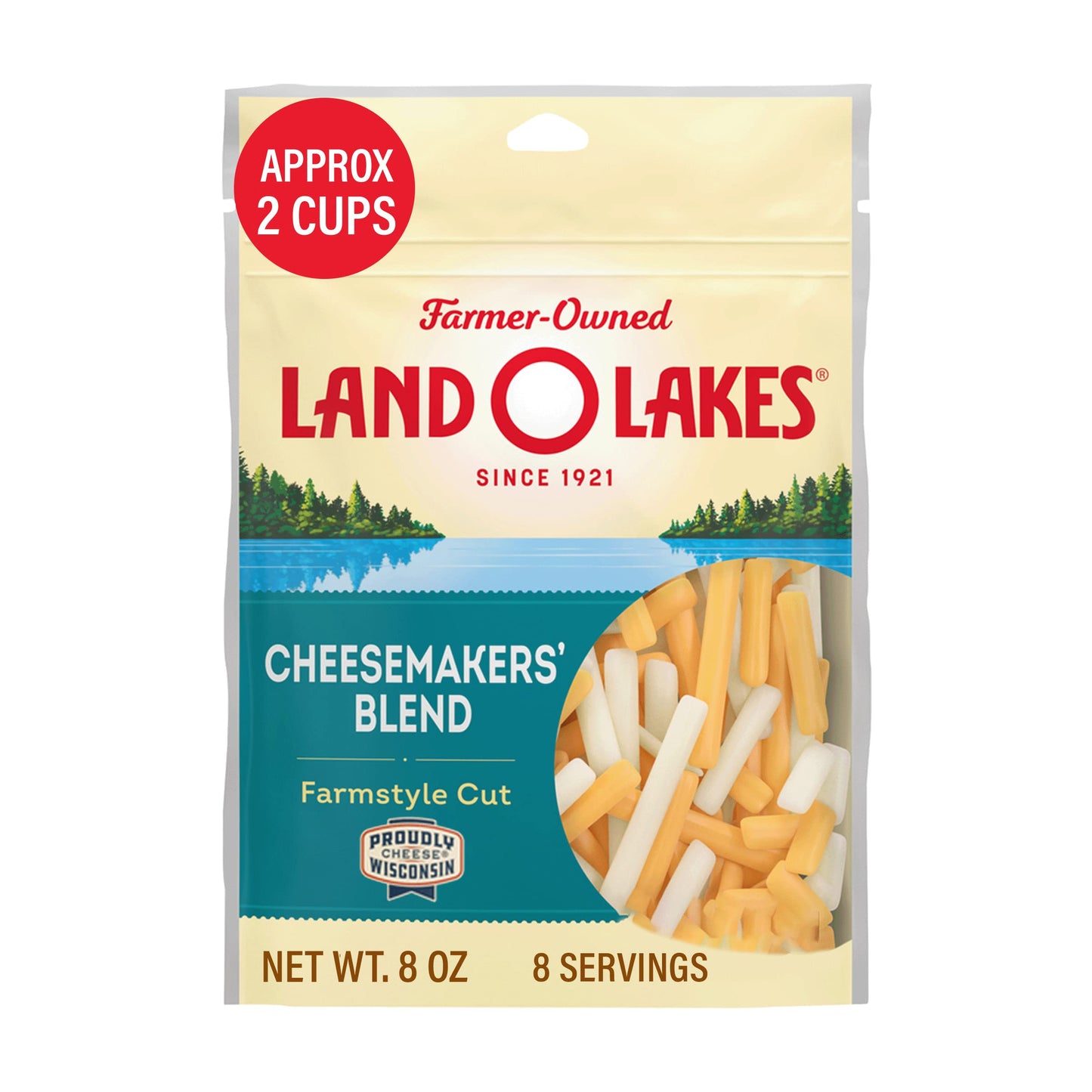 Land O Lakes Cheesemakers Blend Farmstyle Cut Shredded Cheese, Cheddar Blend, 8 oz bag