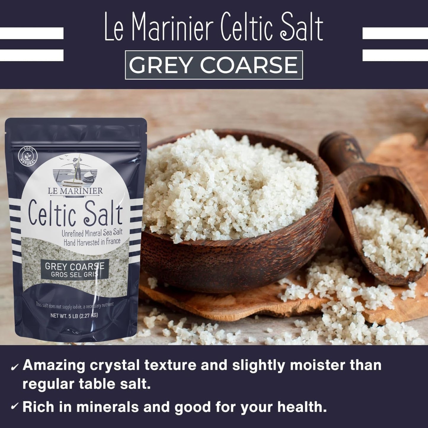 Le Marinier Celtic Salt Organic Grey Coarse, 5lb Mineral Rich 100% Natural and Unrefined French Sea Salt Organic. Hand Harvested