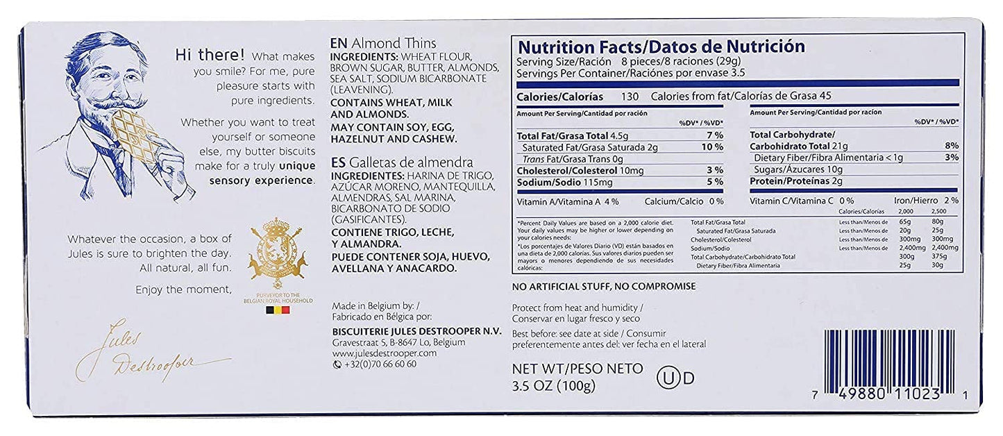 Jules Destrooper Almond Thins - Caramelized Butter Biscuits, Kosher Dairy, Authentic Made In Belgium - 3.5Oz (Pack Of 4)