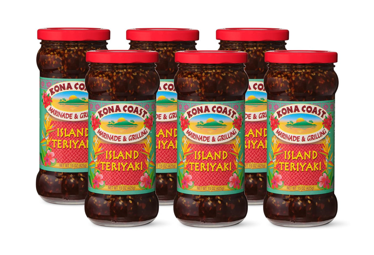 Kona Coast Island Teriyaki Marinade & Grilling Sauce | Artificial Flavor & Color Free | 15 Ounce Jar (Pack of 6)