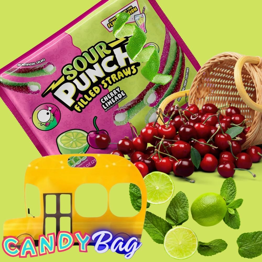 Sour Filled Bites Straws - 8.9Oz Extra Value Bag - Dual Flavor Fusion Cherry & Limeade - Comes With One Bus Resealable Zipbag (C