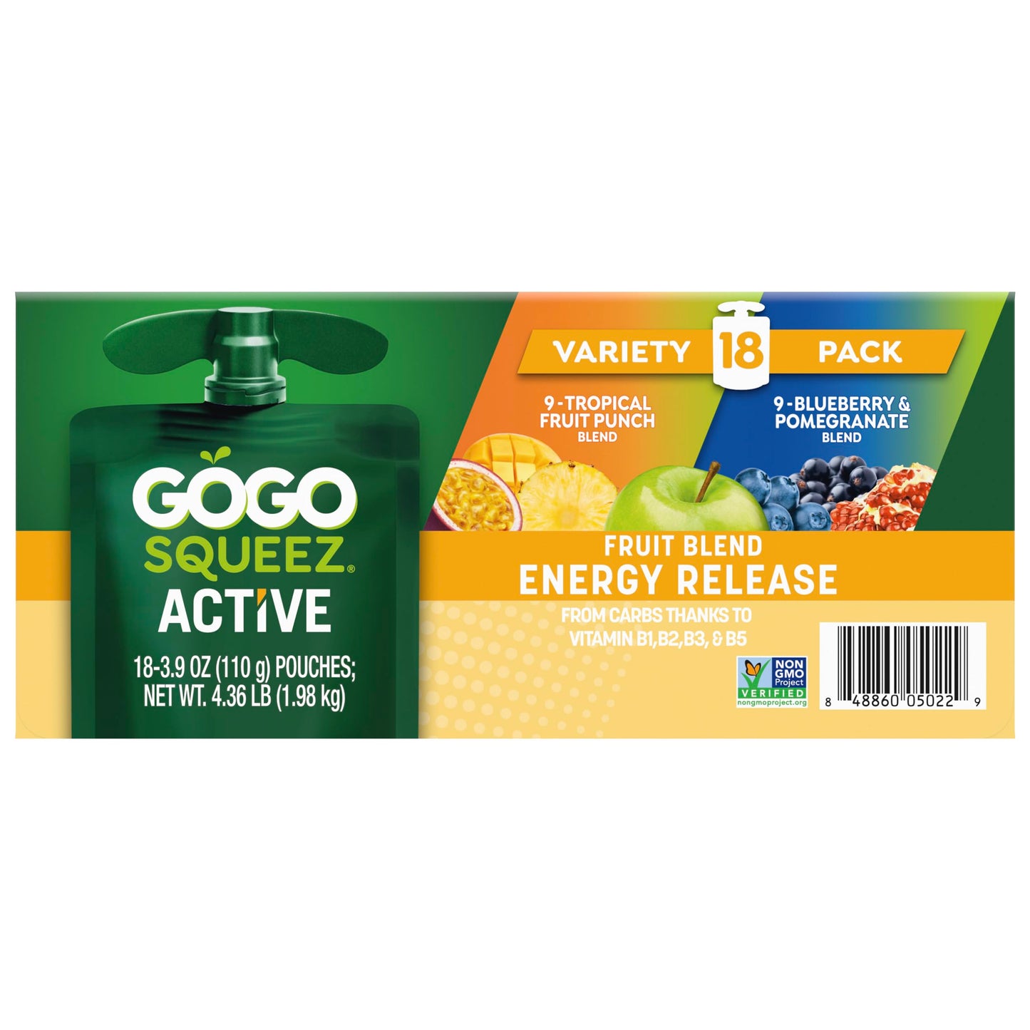 GoGo squeeZ Active Fruit Blend Energy Release|18-Count Variety Pack|Tropical Fruit Punch and Blueberry & Pomegranate|Made with Real Fruit and B Vitamins