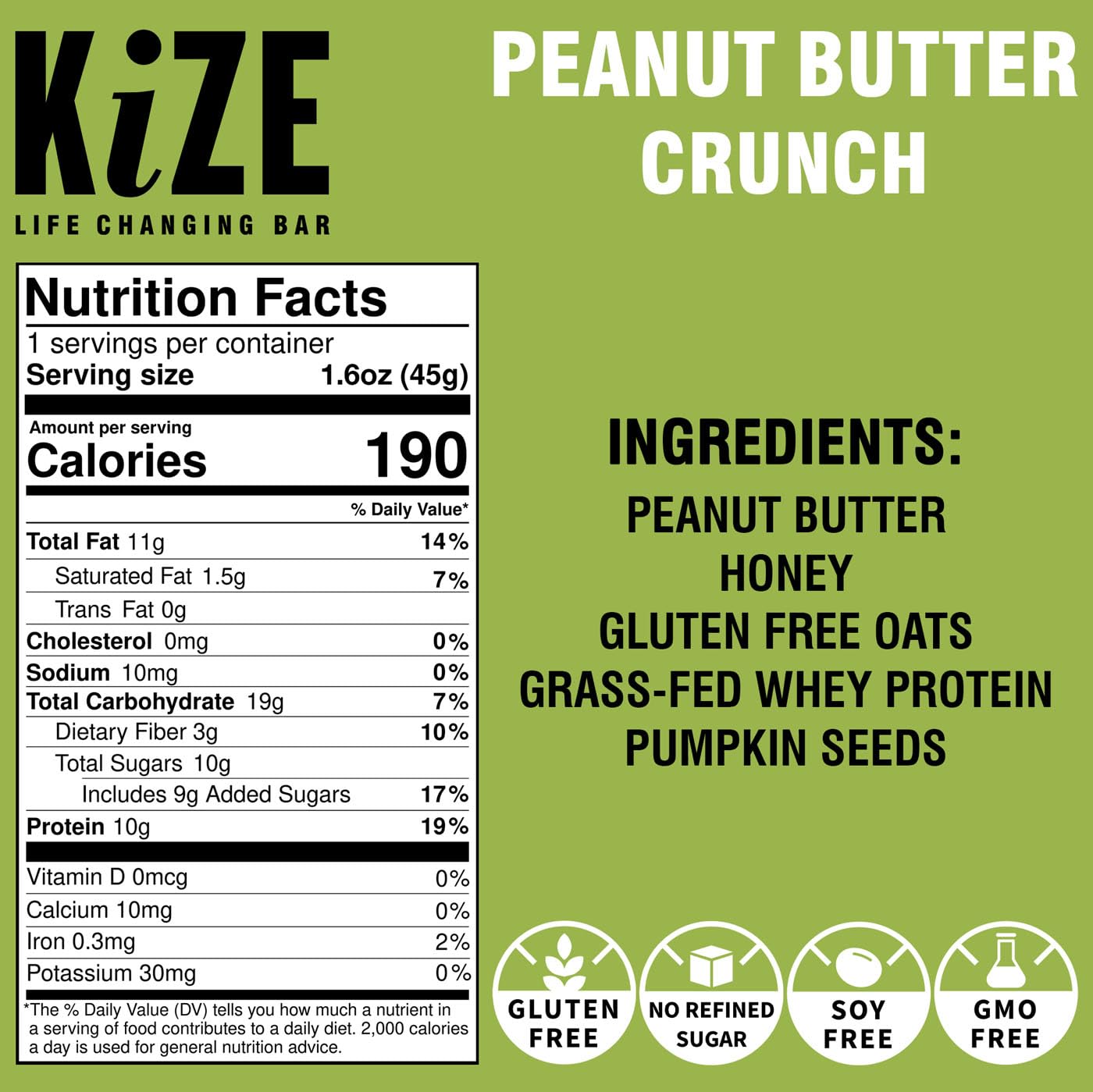 KiZE Energy Bars - Peanut Butter Crunch - Gluten Free, Non-GMO, 10g Protein - 10 Count