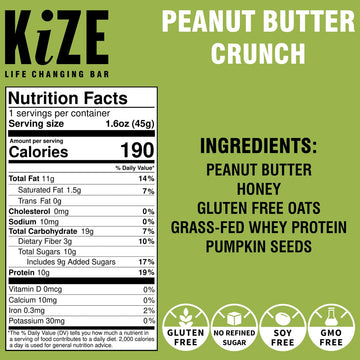 KiZE Energy Bars - Peanut Butter Crunch - Gluten Free, Non-GMO, 10g Protein - 10 Count