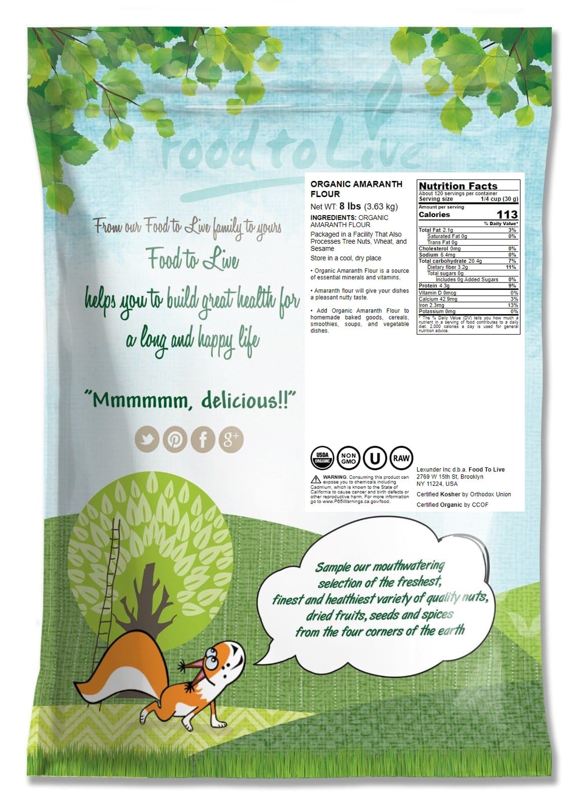 Food To Live Organic Amaranth Flour, 8 Pounds - Non-Gmo, Fine Meal, Whole Grain Flour, Stone-Ground, Kosher, Vegan, Bulk Powder,