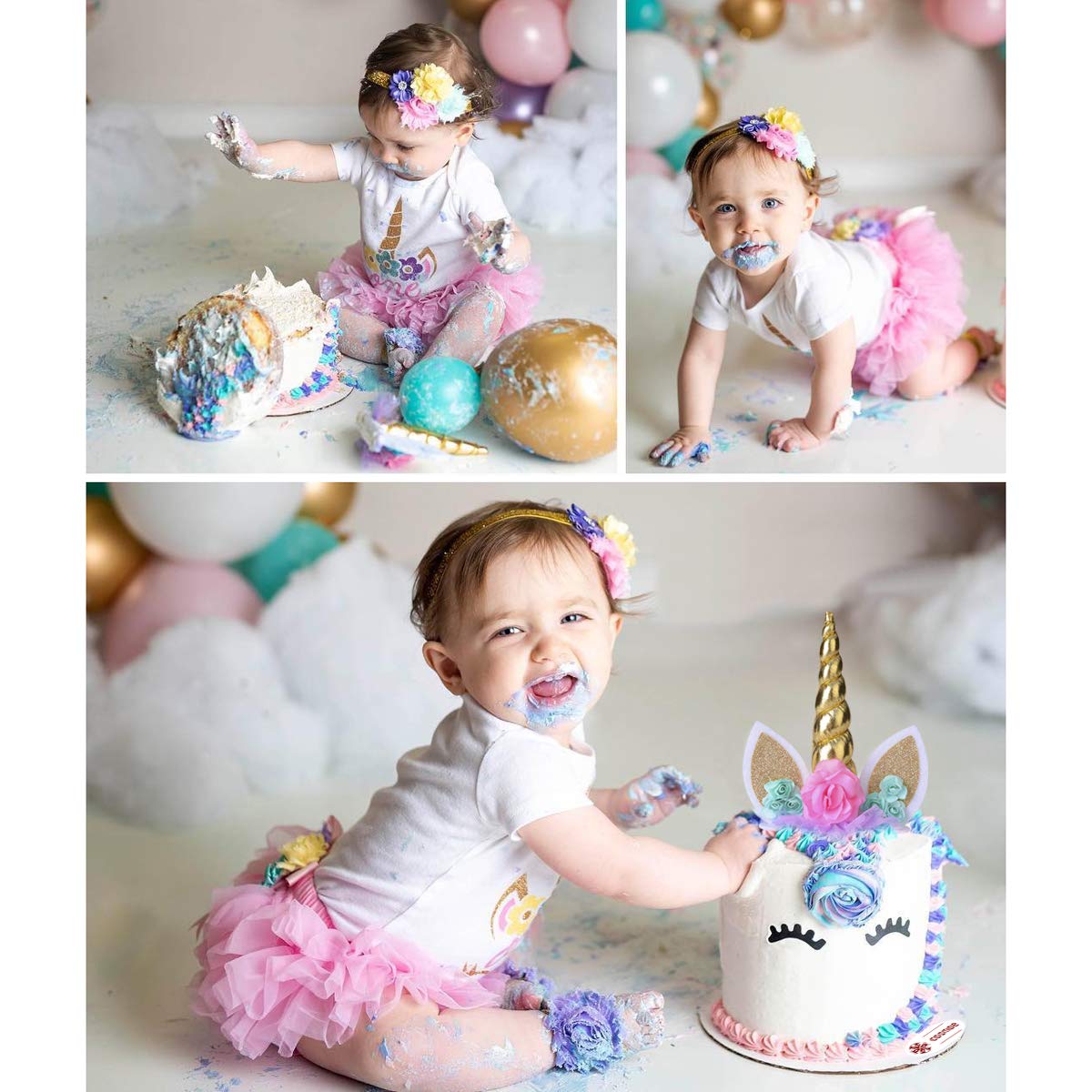 Coonoe, Unicorn Cake Topper,Handmade Party Cake Decoration Supplies With Eyelashes And Stack,Reuasble Gold Horn For Birthday Par