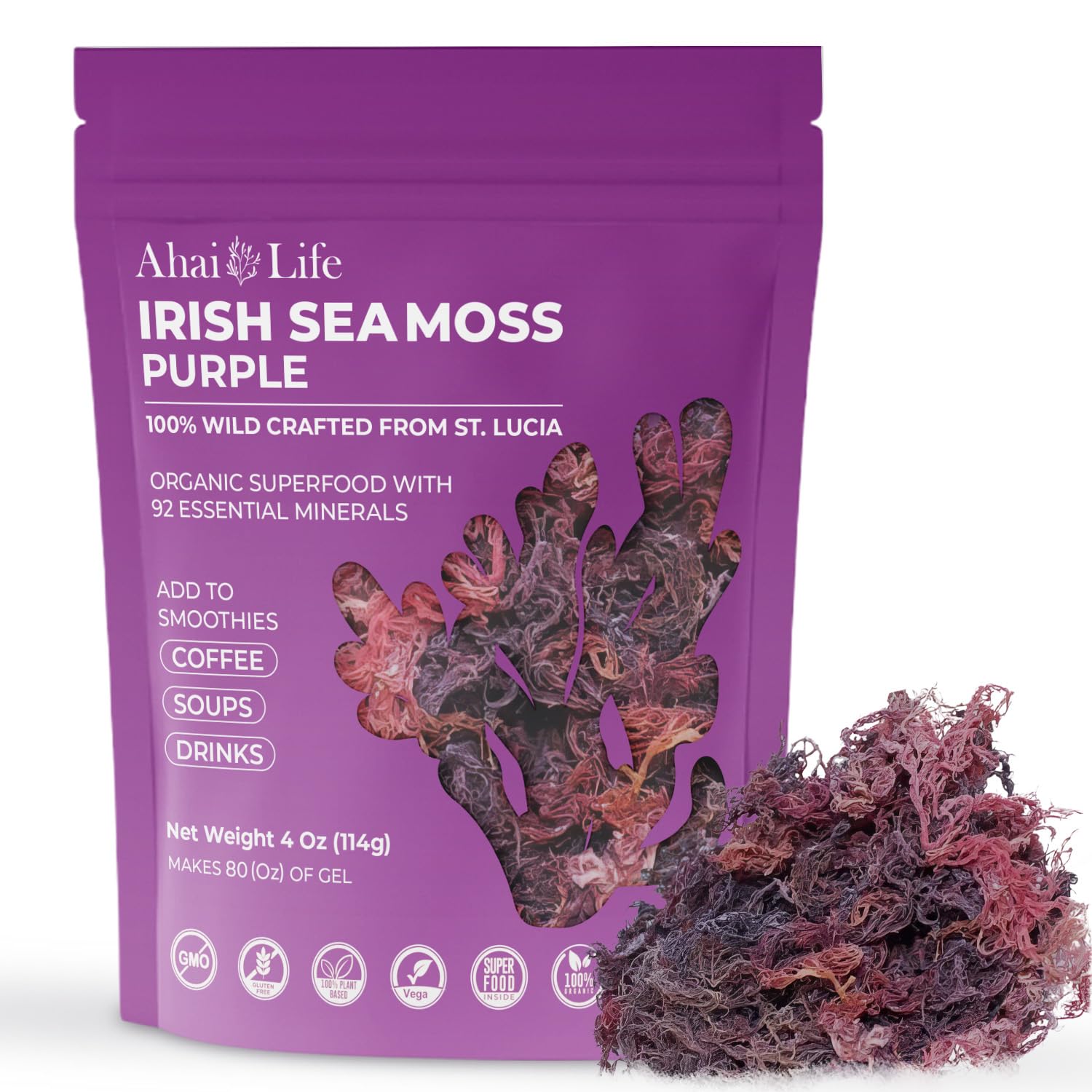 Purple Sea Moss Raw Organic| Makes 80Oz Of Gel - 100% Wild Crafted| Non-Gmo Sun-Dried Mineral Rich Super Food For Energy| Booster Healthy  Immunity Digestion (4Oz)