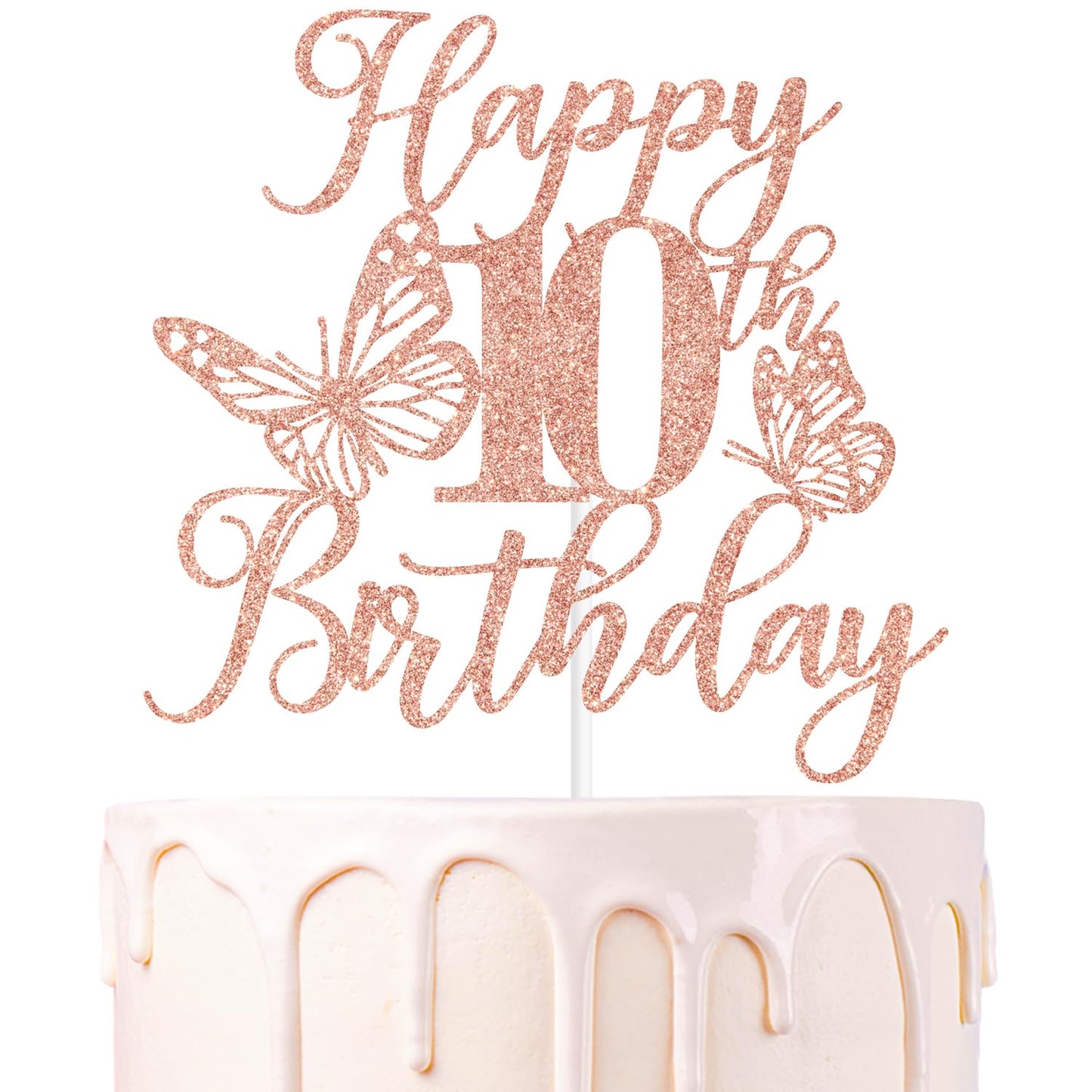 Rose Gold Glitter Happy 10th Birthday Cake Topper, Butterfly Happy 10th Birthday/Cheers to 10 Years, Butterfly Themed 10th Birth